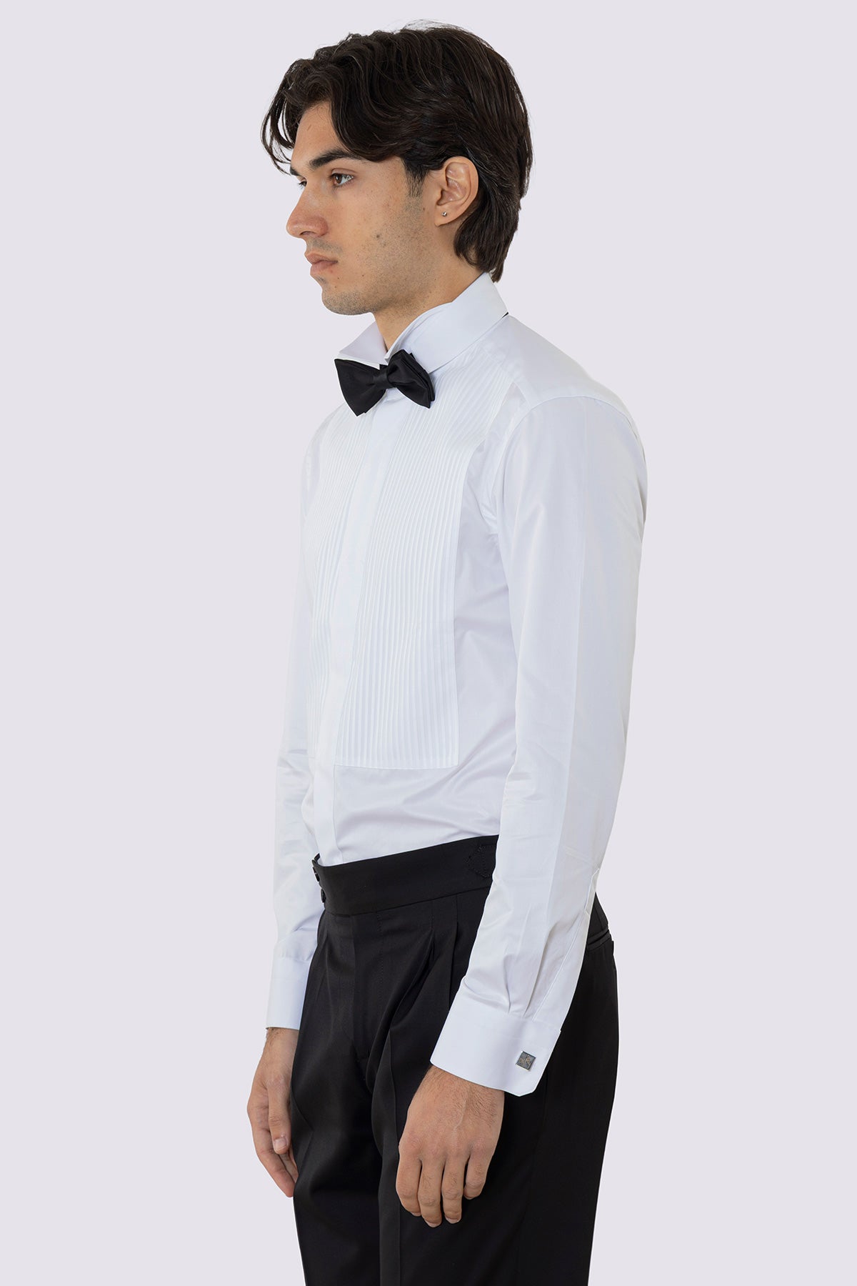 Camicia Bianca collo diplomatico con plissè bottoni a scomparsa 100% Cotone Da uomo polso gemelli fintone a scomparsa dietro al collo per papillon slim fit 4 passaggi a mano