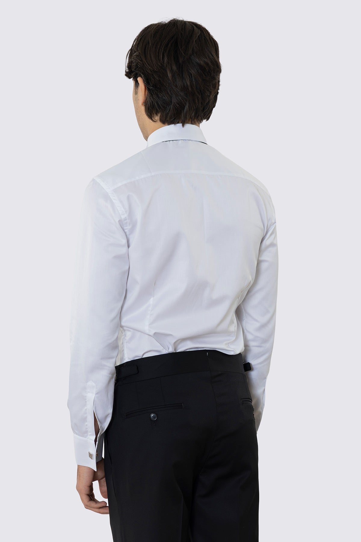 Camicia Bianca collo diplomatico con plissè bottoni a scomparsa 100% Cotone Da uomo polso gemelli fintone a scomparsa dietro al collo per papillon slim fit 4 passaggi a mano