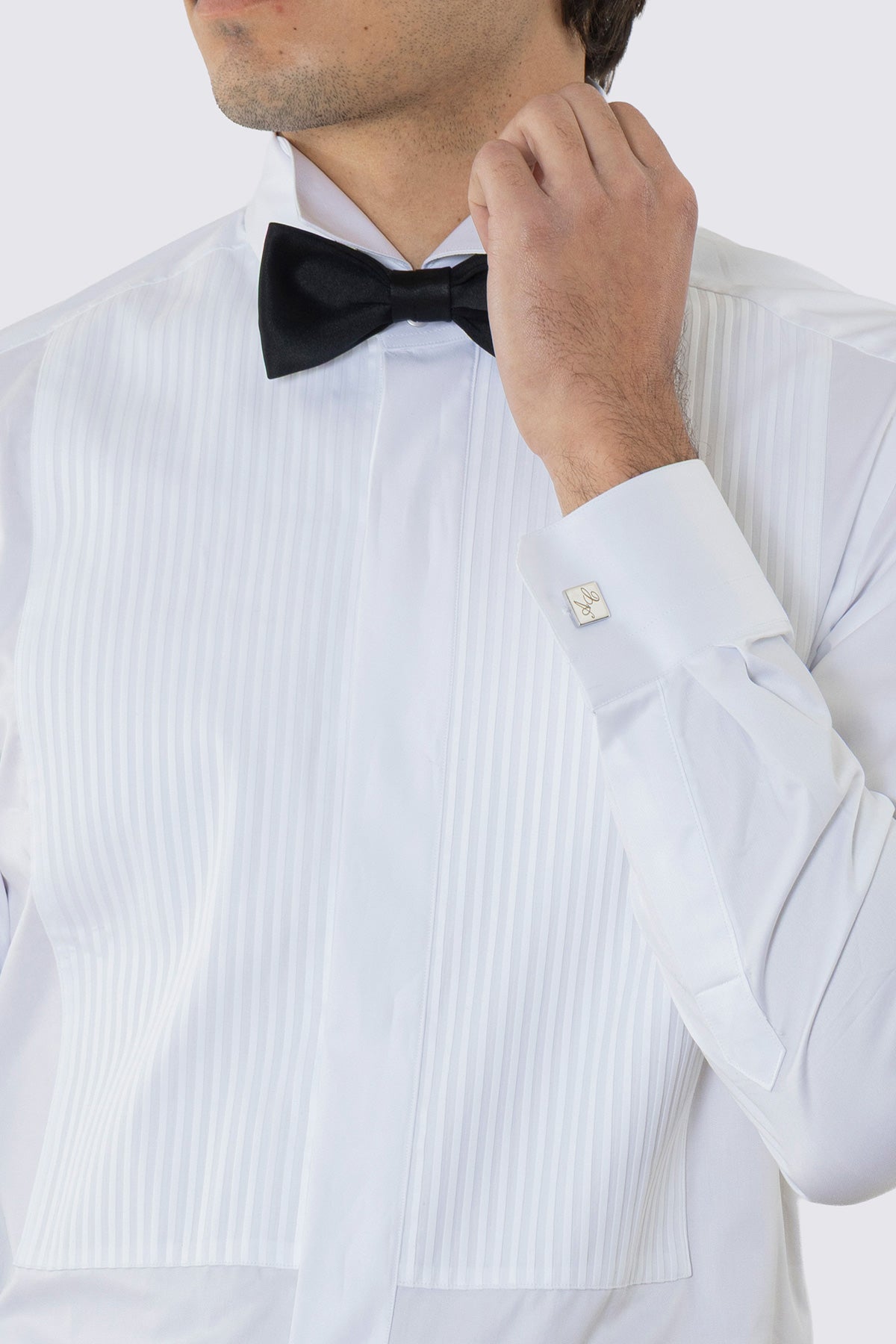 Camicia Bianca collo diplomatico con plissè bottoni a scomparsa 100% Cotone Da uomo polso gemelli fintone a scomparsa dietro al collo per papillon slim fit 4 passaggi a mano