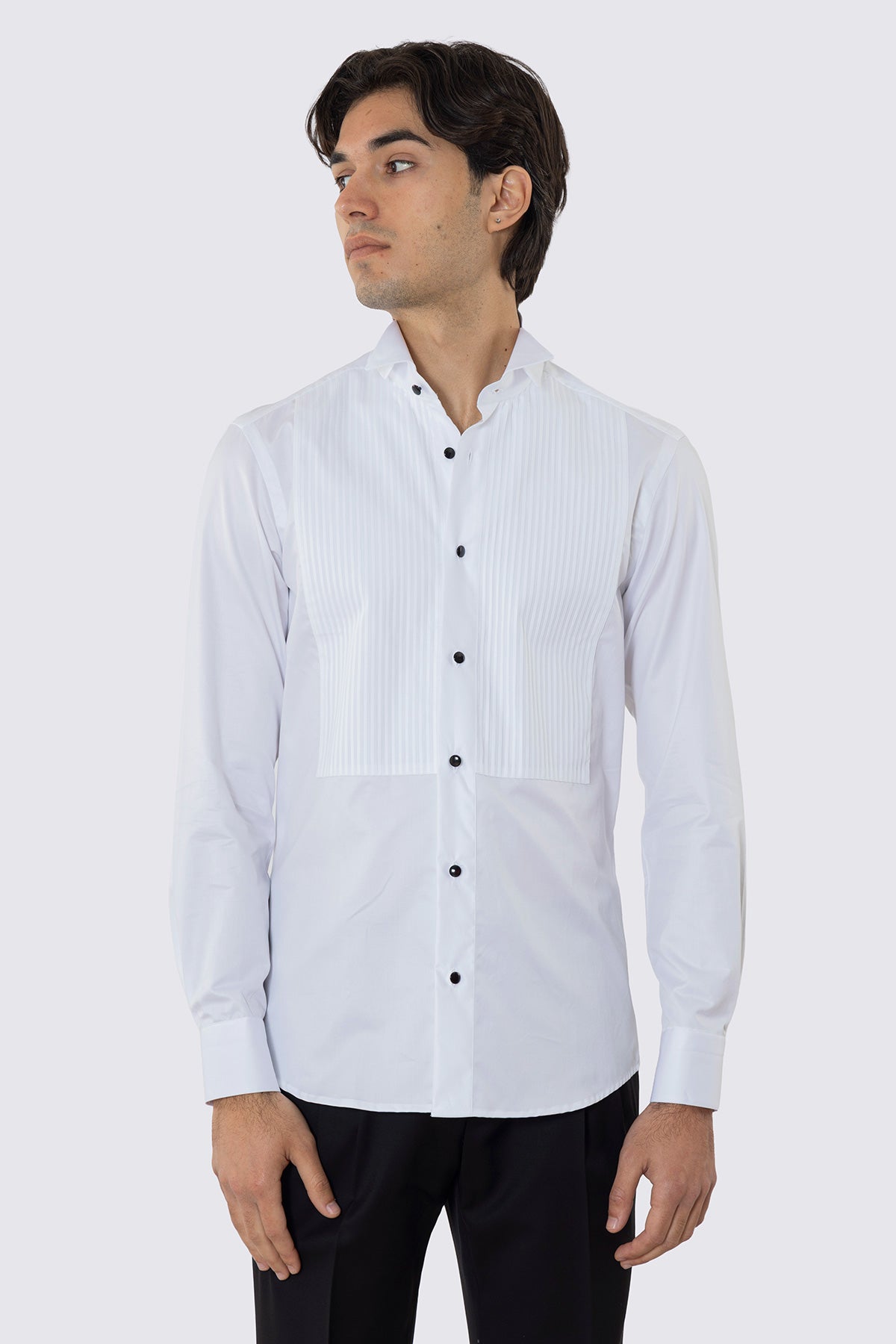 Camicia Bianca collo diplomatico con plissè bottoni a scomparsa 100% Cotone Da uomo polso gemelli fintone a scomparsa dietro al collo per papillon slim fit 4 passaggi a mano