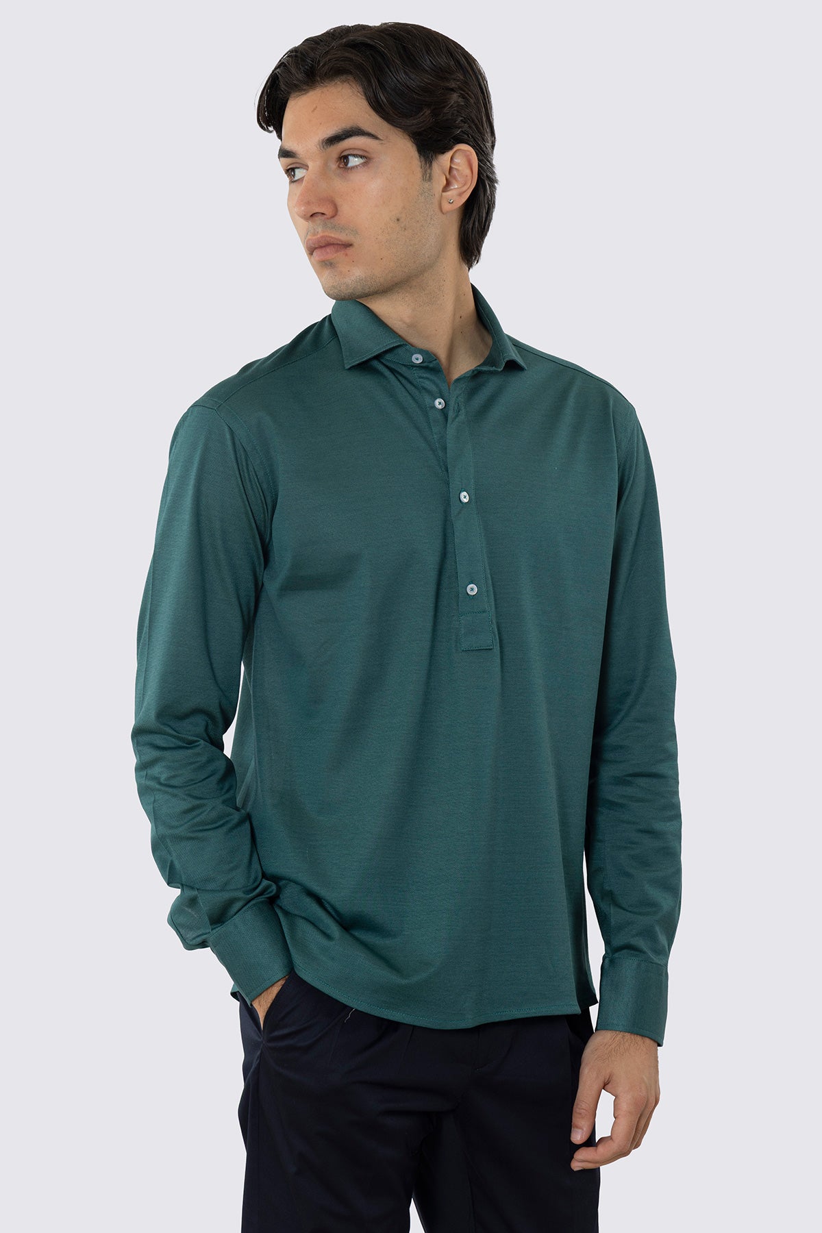 Polo camicia verde 4 bottoni da uomo collo semi francese manica lunga in filo di scozia 100% nido d'ape made in italy