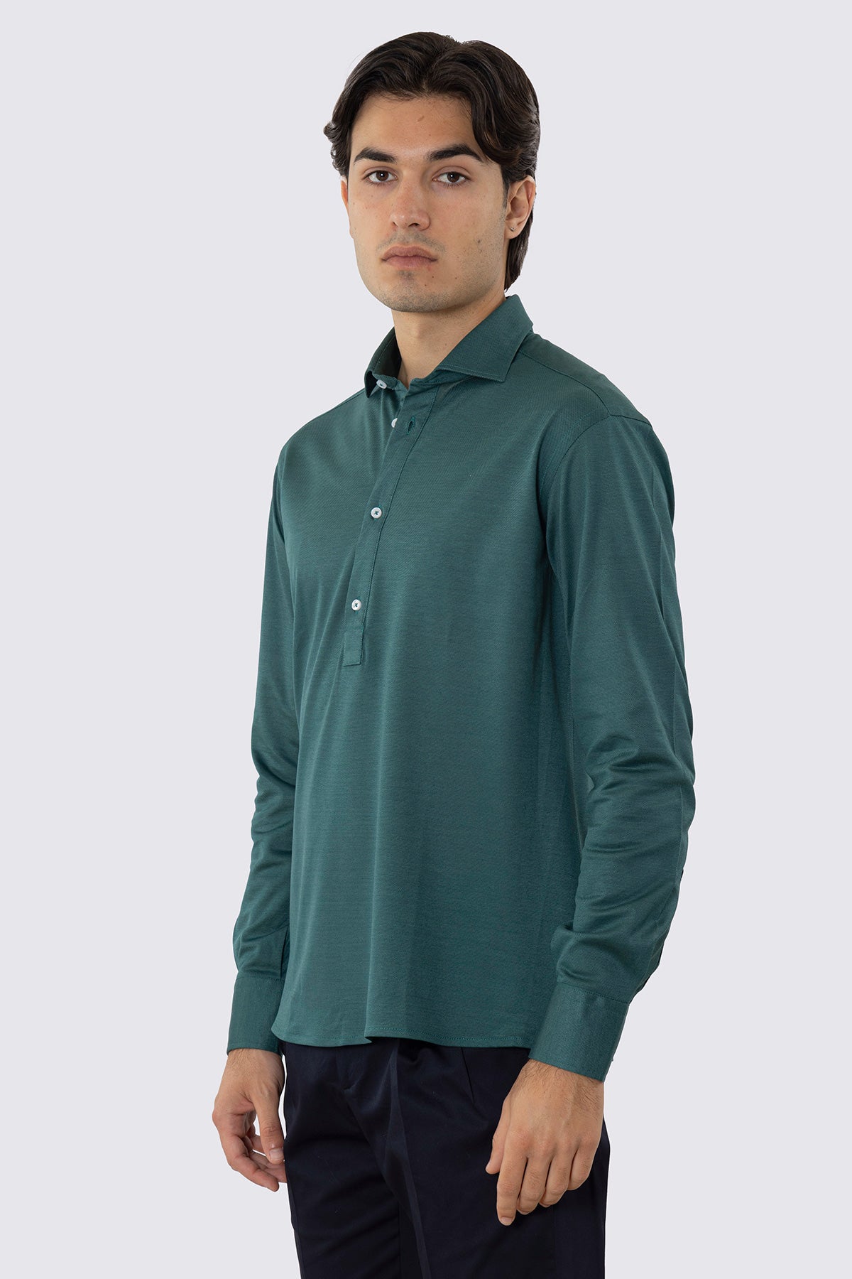 Polo camicia verde 4 bottoni da uomo collo semi francese manica lunga in filo di scozia 100% nido d'ape made in italy