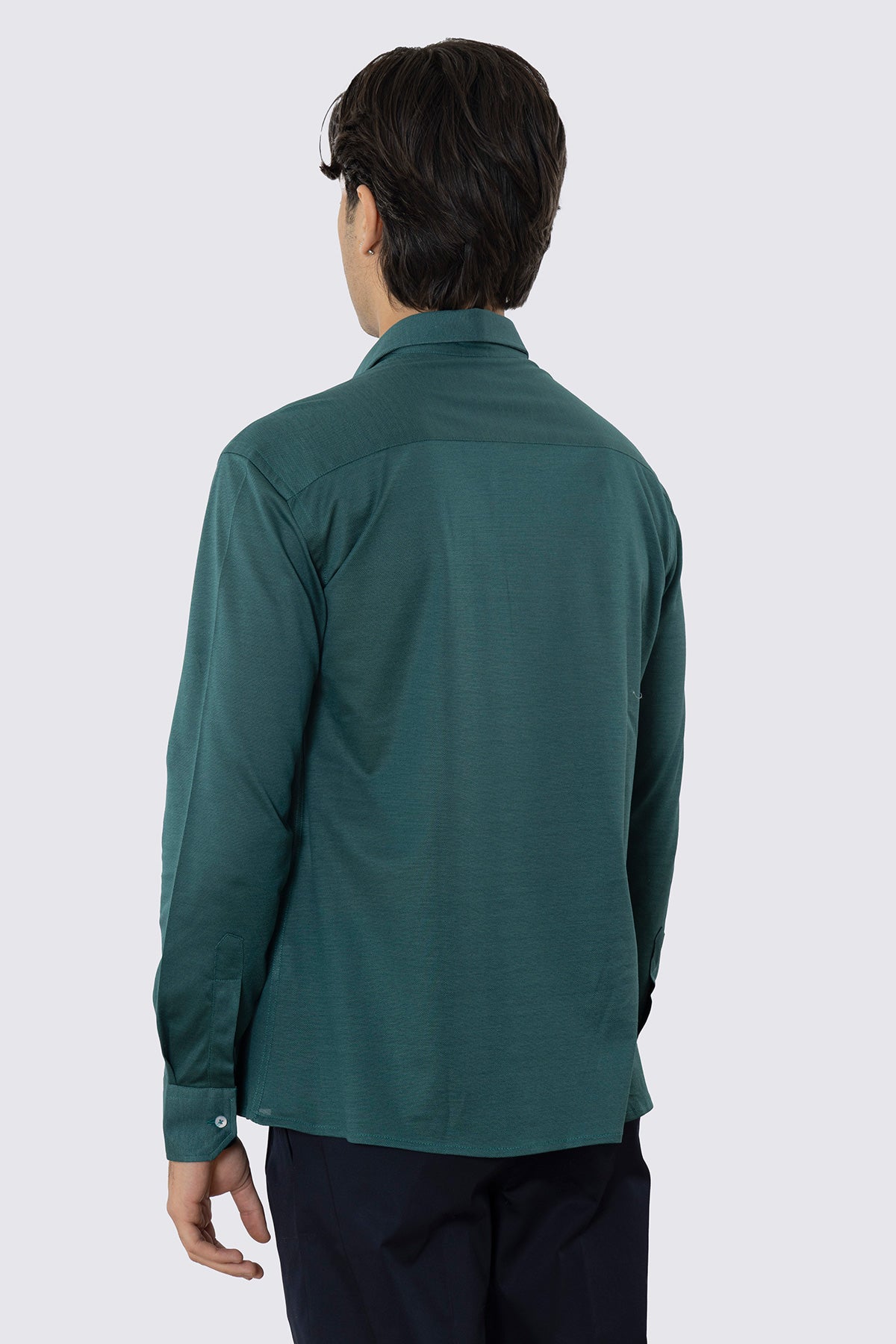 Polo camicia verde 4 bottoni da uomo collo semi francese manica lunga in filo di scozia 100% nido d'ape made in italy