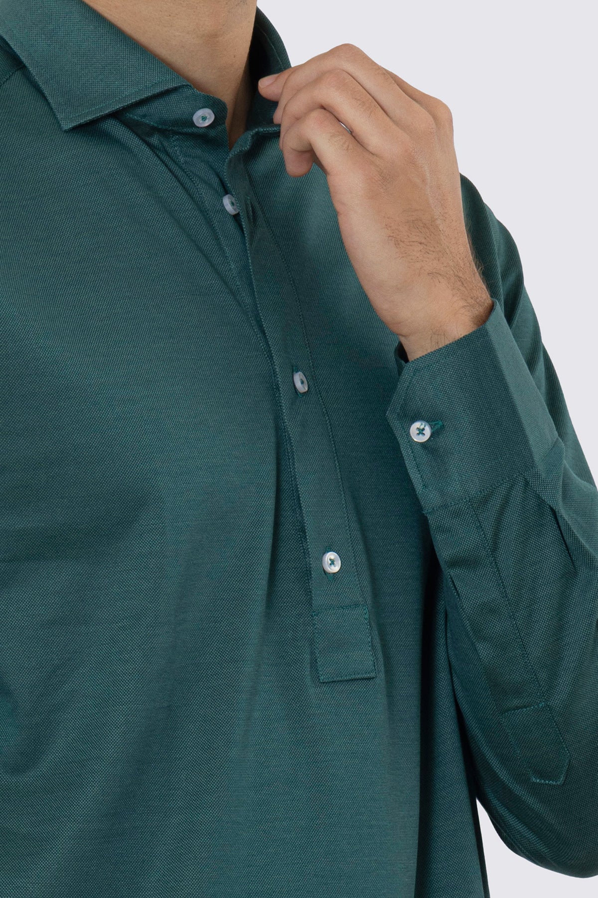 Polo camicia verde 4 bottoni da uomo collo semi francese manica lunga in filo di scozia 100% nido d'ape made in italy