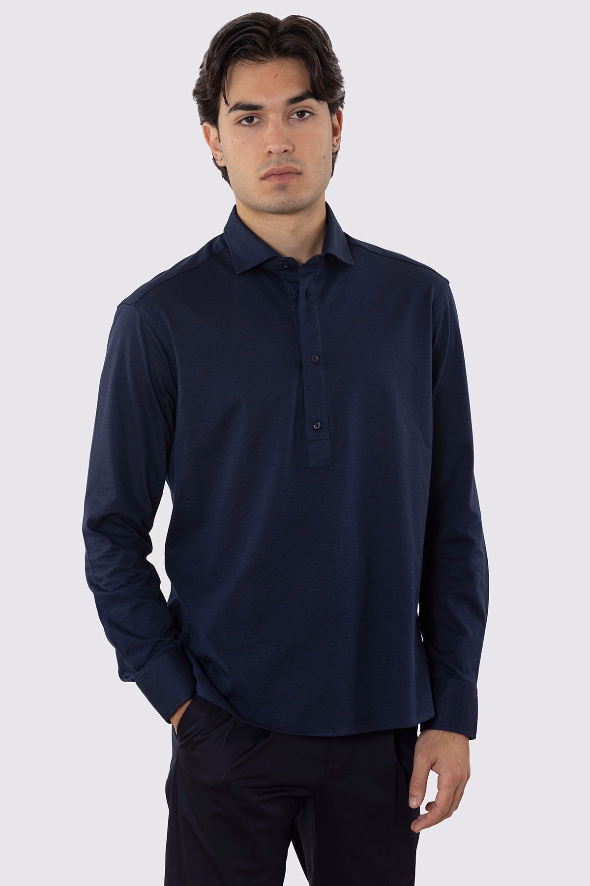 Polo camicia blu 4 bottoni da uomo collo semi francese manica lunga in cotone 100% nido d'ape made in italy