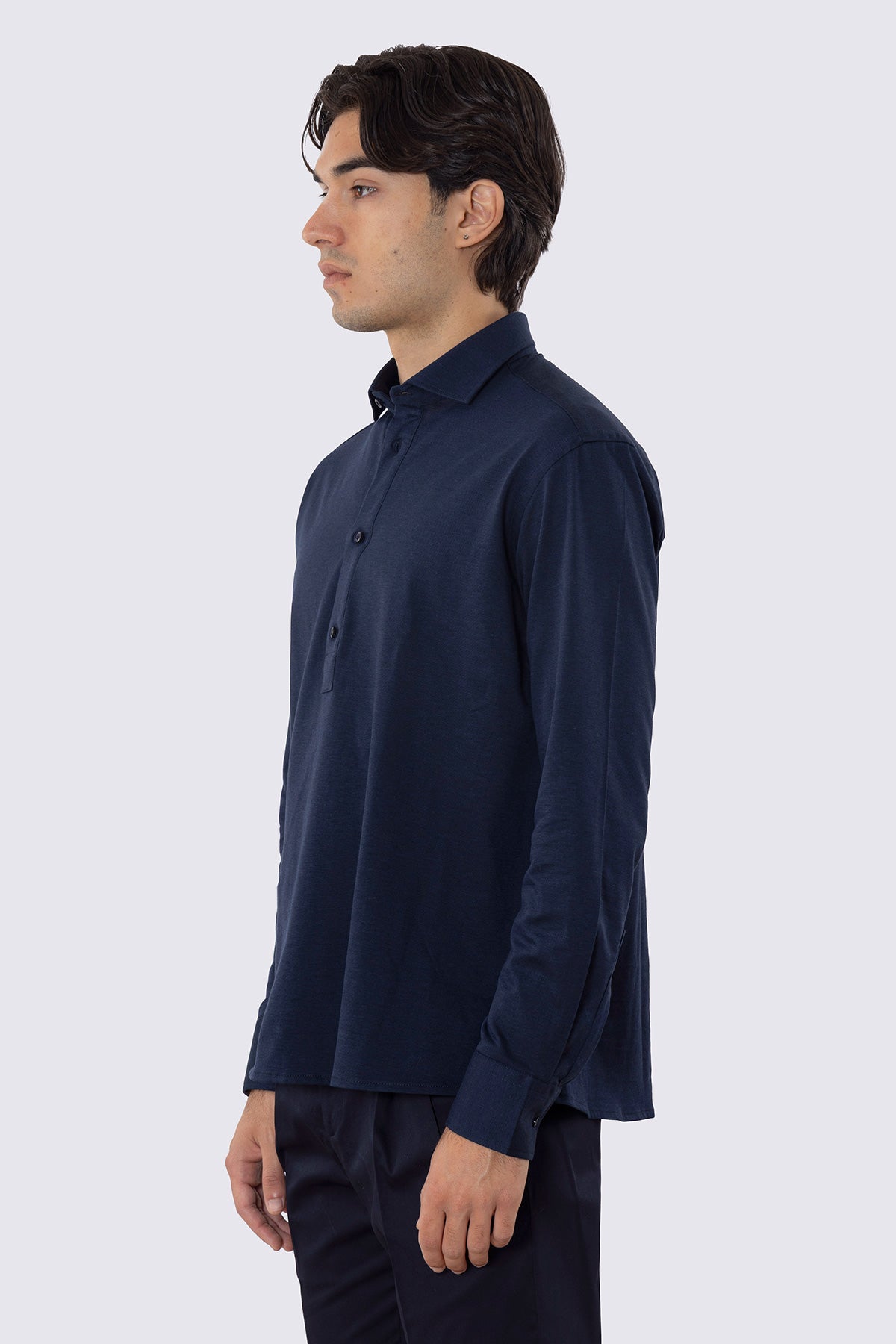 Polo camicia blu 4 bottoni da uomo collo semi francese manica lunga in cotone 100% nido d'ape made in italy