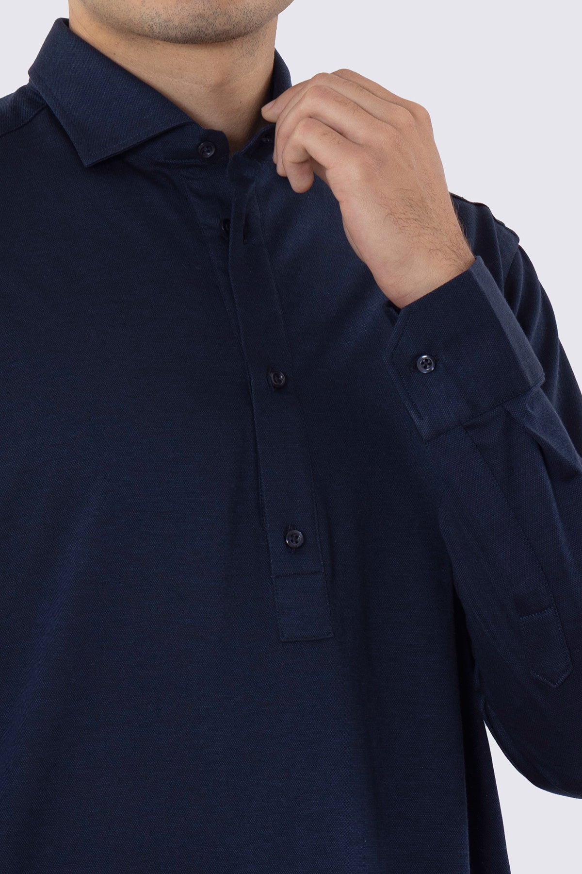 Polo camicia blu 4 bottoni da uomo collo semi francese manica lunga in cotone 100% nido d'ape made in italy