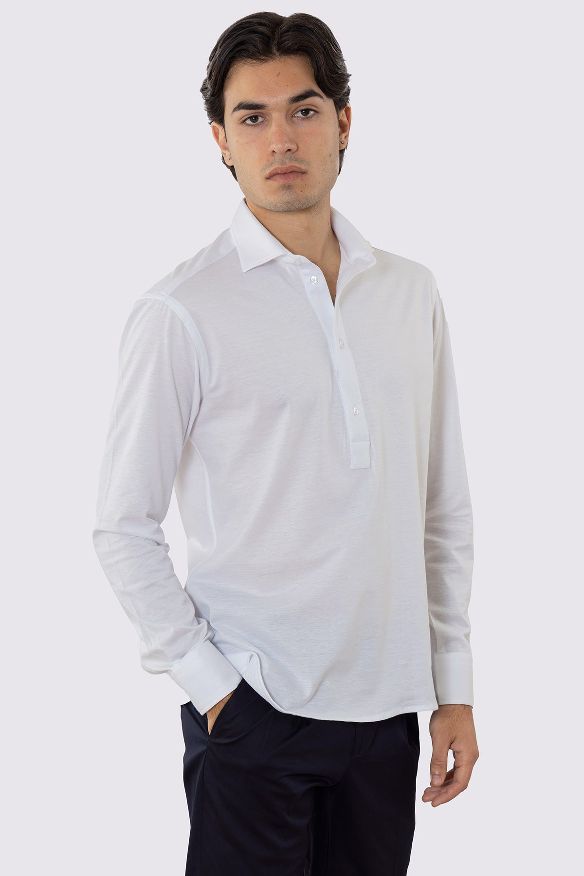 Polo camicia bianca 4 bottoni da uomo collo semi francese manica lunga in cotone 100% nido d'ape made in italy