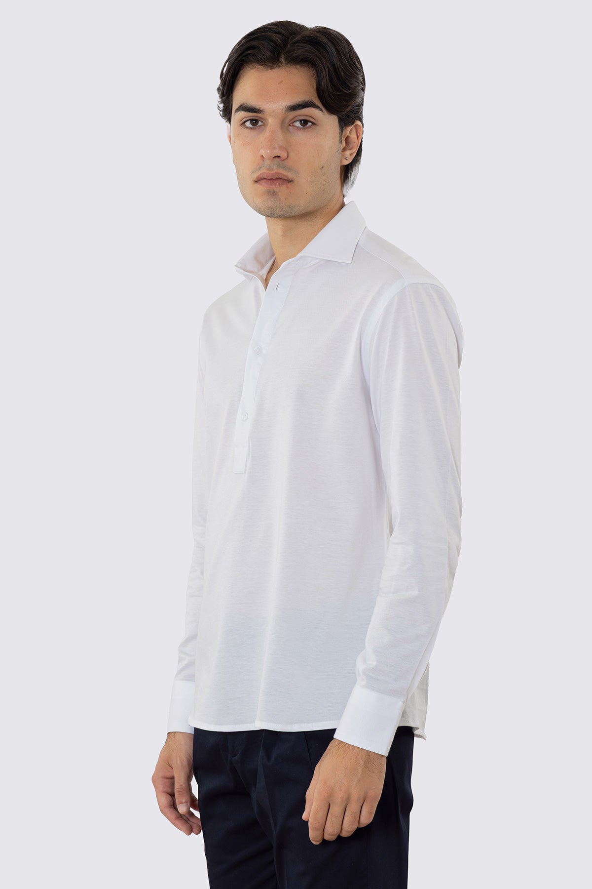 Polo camicia bianca 4 bottoni da uomo collo semi francese manica lunga in cotone 100% nido d'ape made in italy