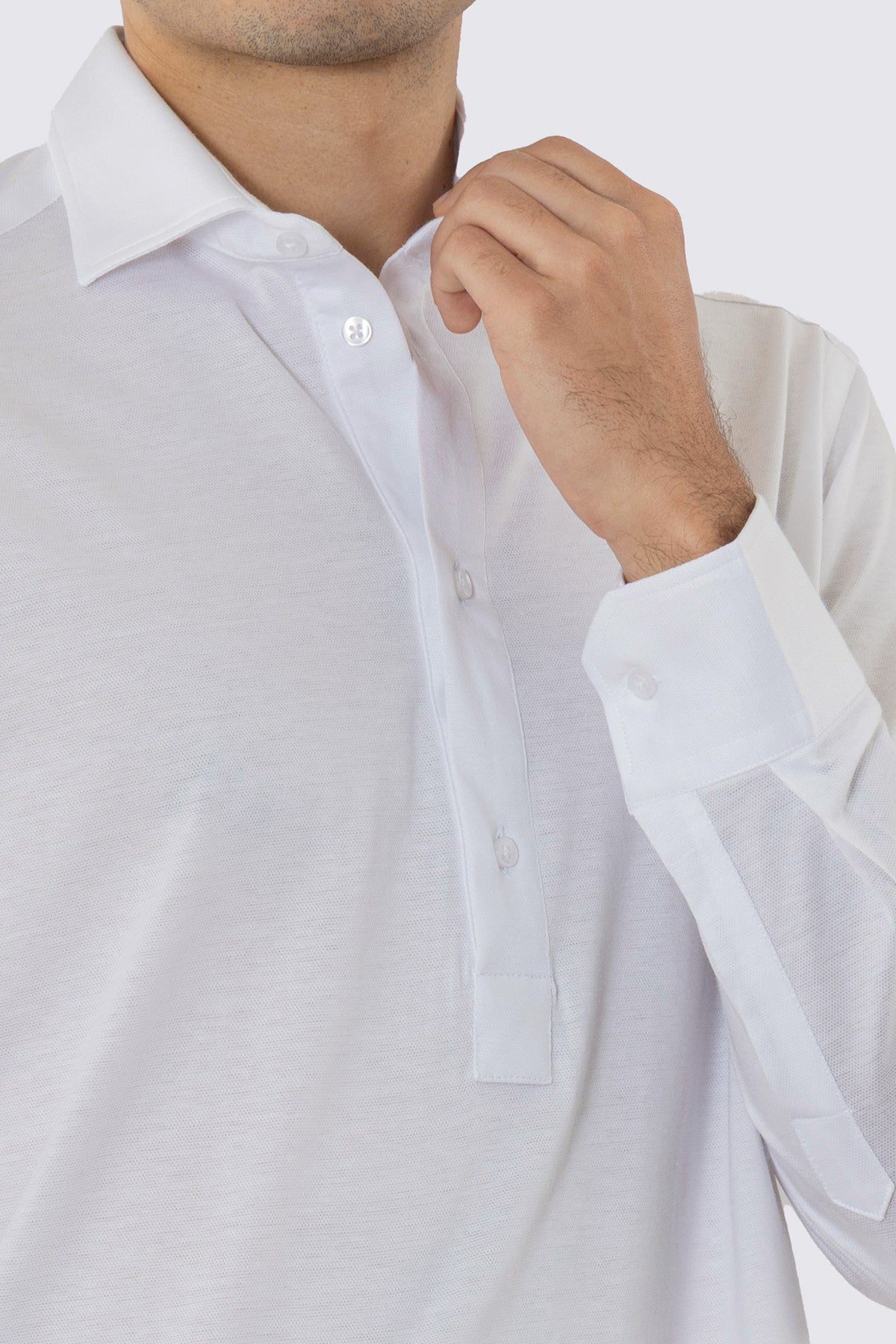 Polo camicia bianca 4 bottoni da uomo collo semi francese manica lunga in cotone 100% nido d'ape made in italy