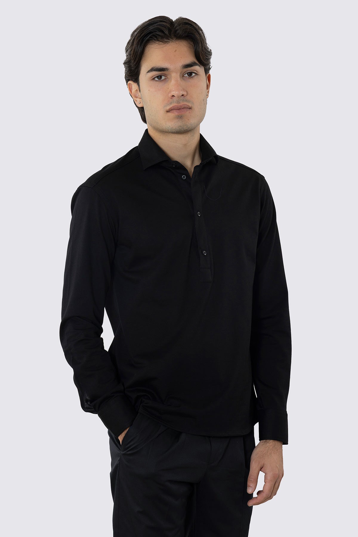 Polo camicia nera 4 bottoni da uomo collo semi francese manica lunga in cotone 100% nido d'ape made in italy