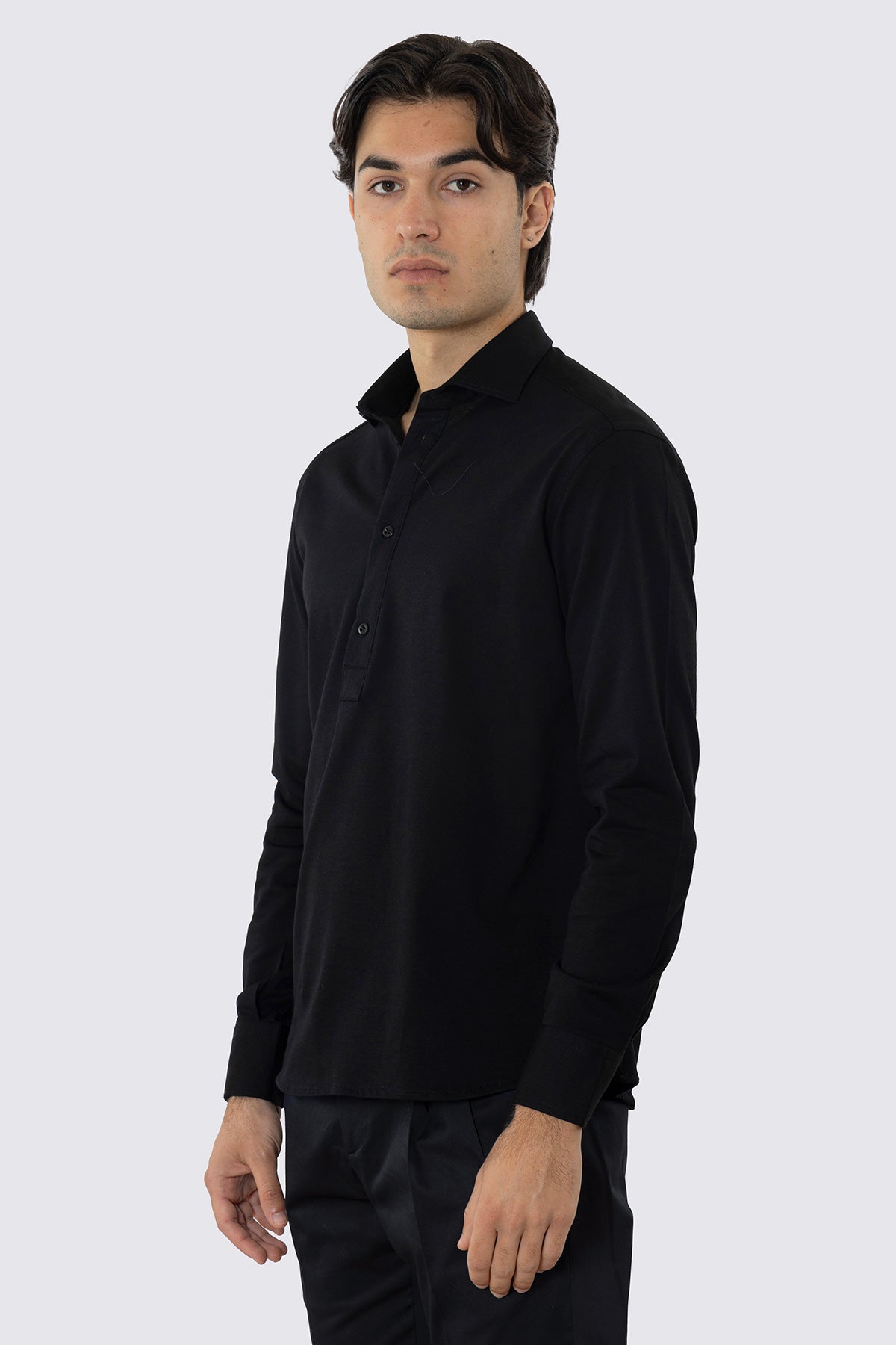 Polo camicia nera 4 bottoni da uomo collo semi francese manica lunga in cotone 100% nido d'ape made in italy