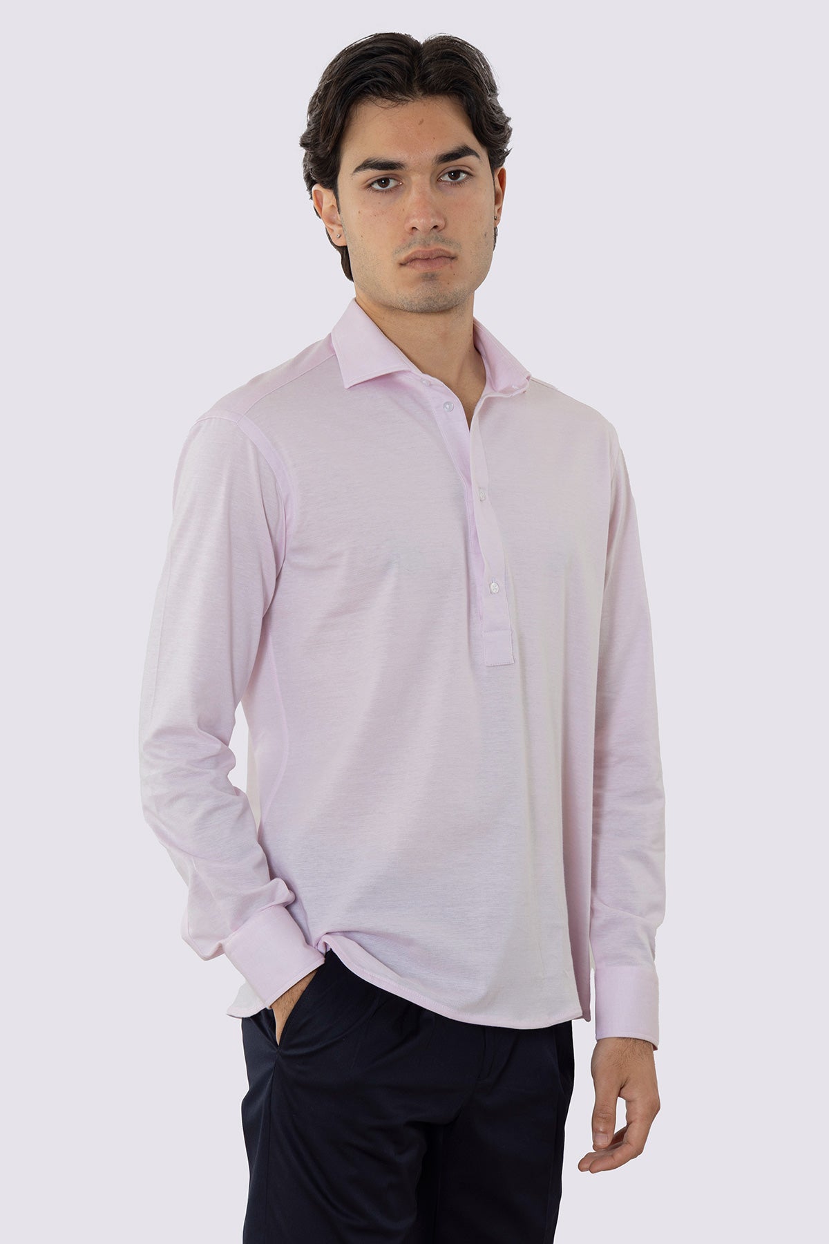 Polo camicia rosa 4 bottoni da uomo collo semi francese manica lunga in cotone 100% nido d'ape made in italy