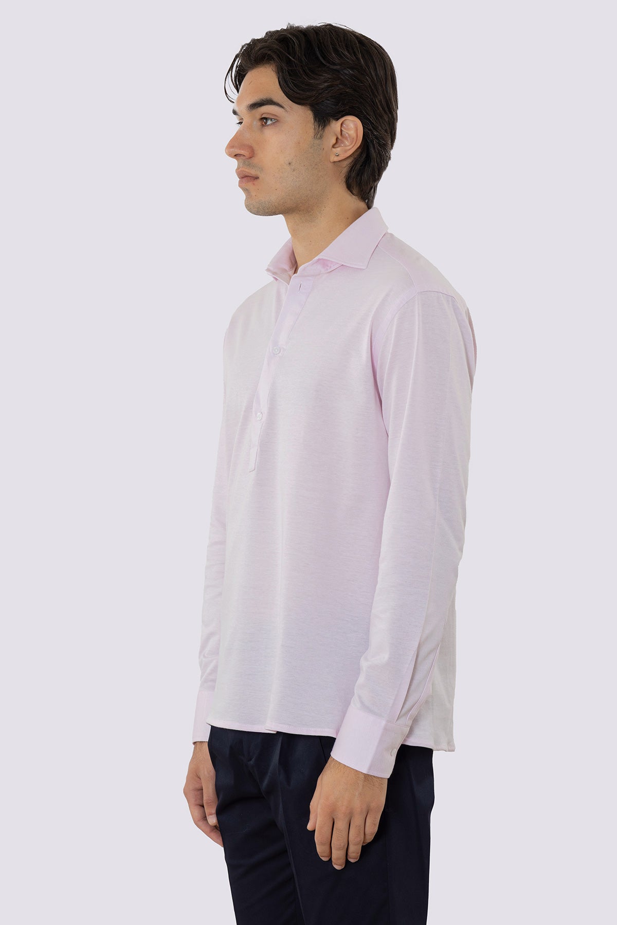 Polo camicia rosa 4 bottoni da uomo collo semi francese manica lunga in cotone 100% nido d'ape made in italy