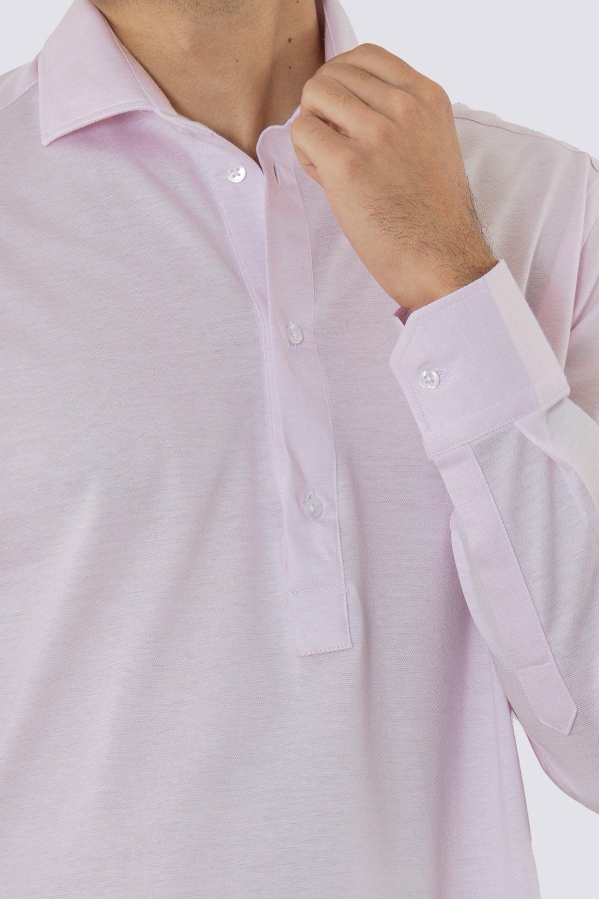 Polo camicia rosa 4 bottoni da uomo collo semi francese manica lunga in cotone 100% nido d'ape made in italy