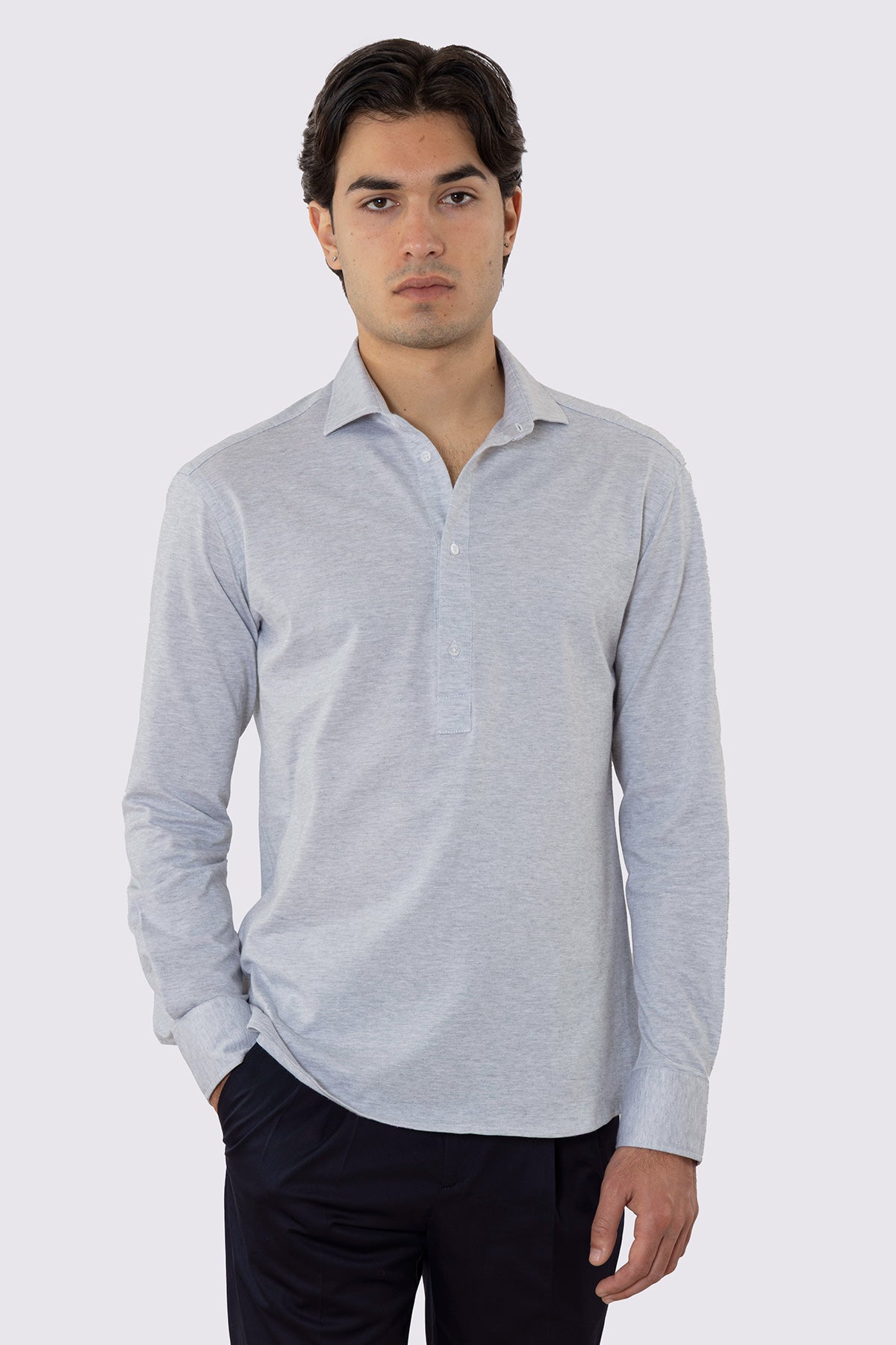 Polo camicia Grigia 4 bottoni da uomo collo semi francese manica lunga in cotone 100% nido d'ape made in italy