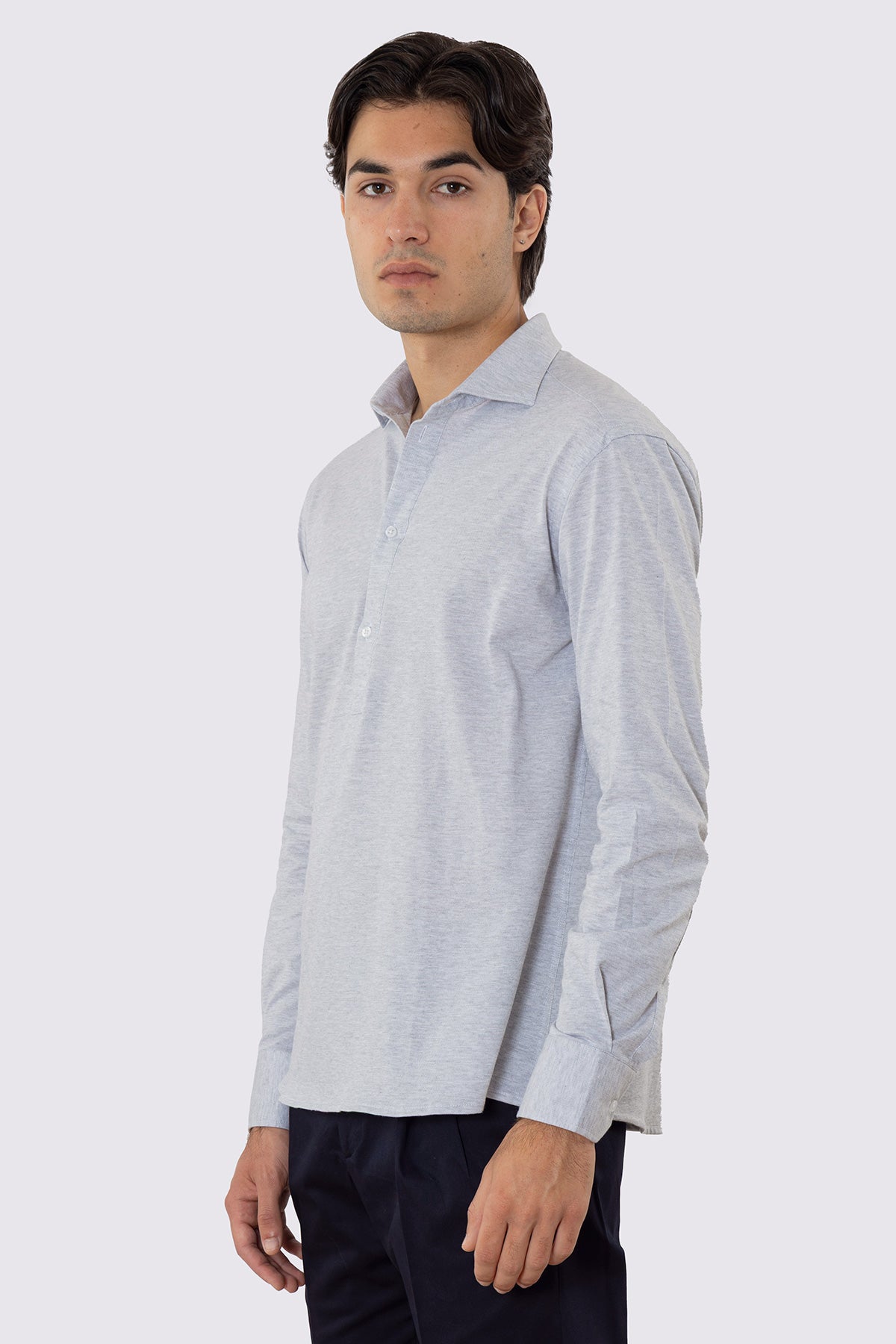 Polo camicia Grigia 4 bottoni da uomo collo semi francese manica lunga in cotone 100% nido d'ape made in italy