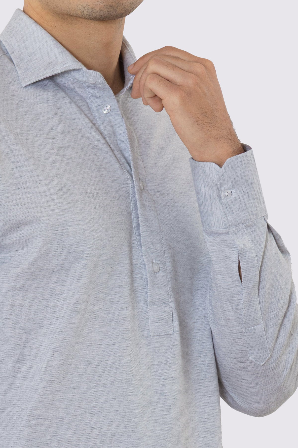 Polo camicia Grigia 4 bottoni da uomo collo semi francese manica lunga in cotone 100% nido d'ape made in italy