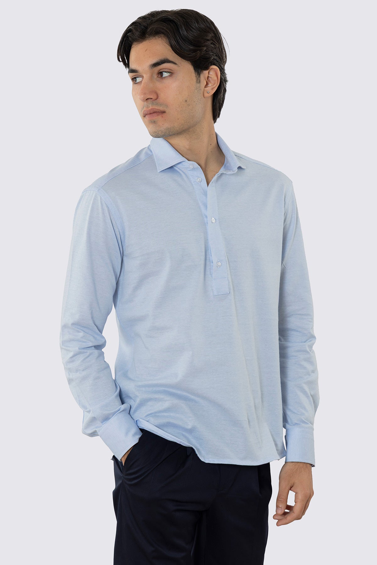 Polo camicia celeste 4 bottoni da uomo collo semi francese manica lunga in cotone 100% nido d'ape made in italy