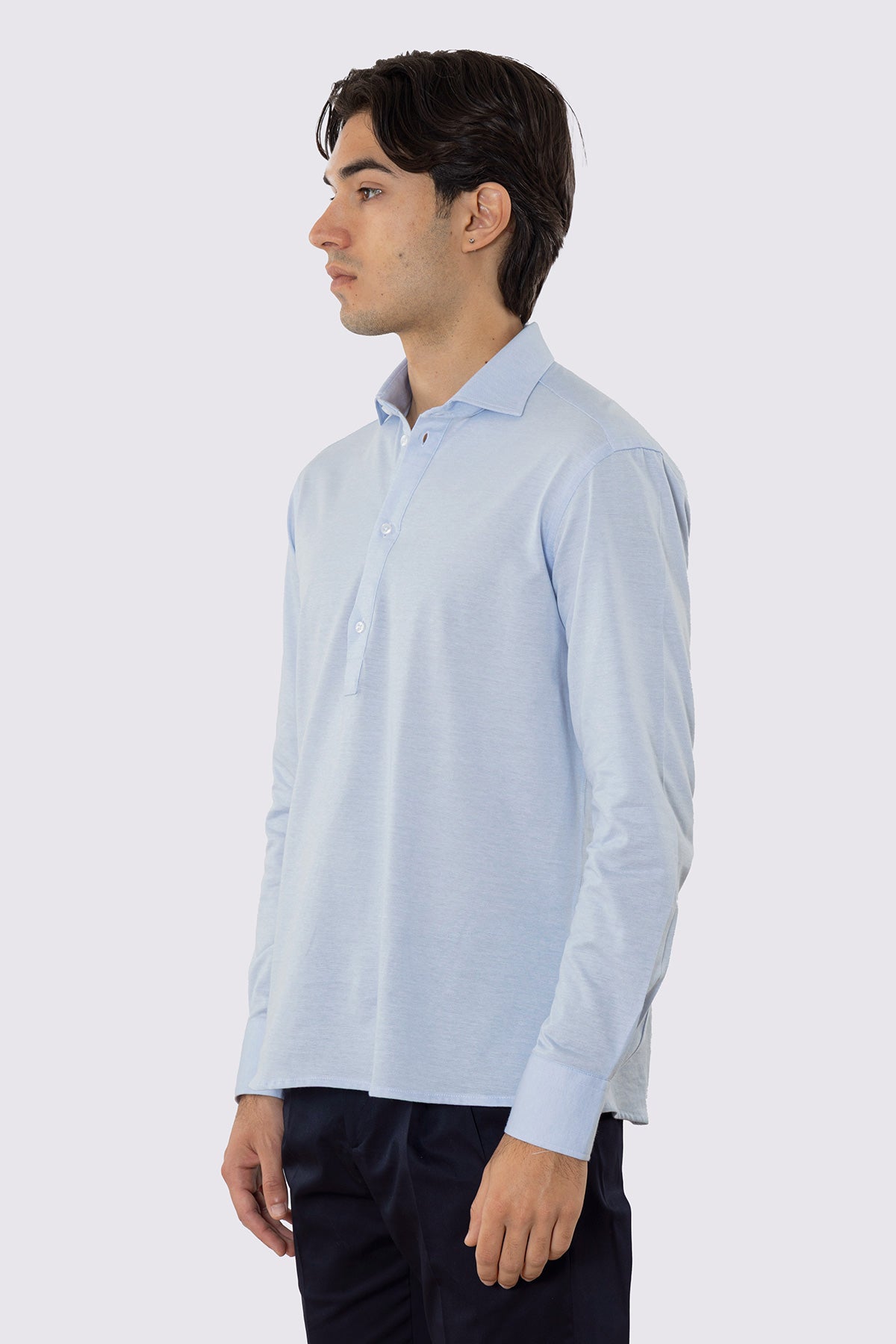 Polo camicia celeste 4 bottoni da uomo collo semi francese manica lunga in cotone 100% nido d'ape made in italy