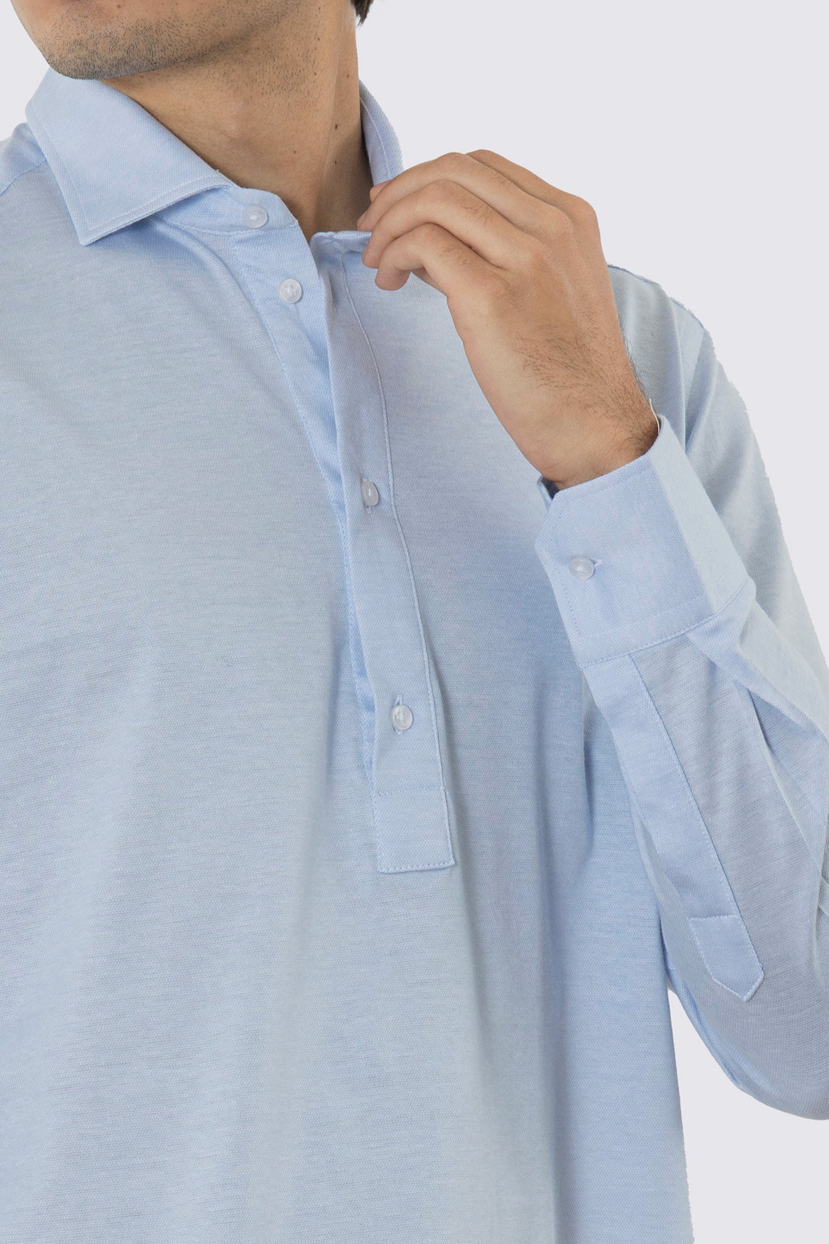 Polo camicia celeste 4 bottoni da uomo collo semi francese manica lunga in cotone 100% nido d'ape made in italy