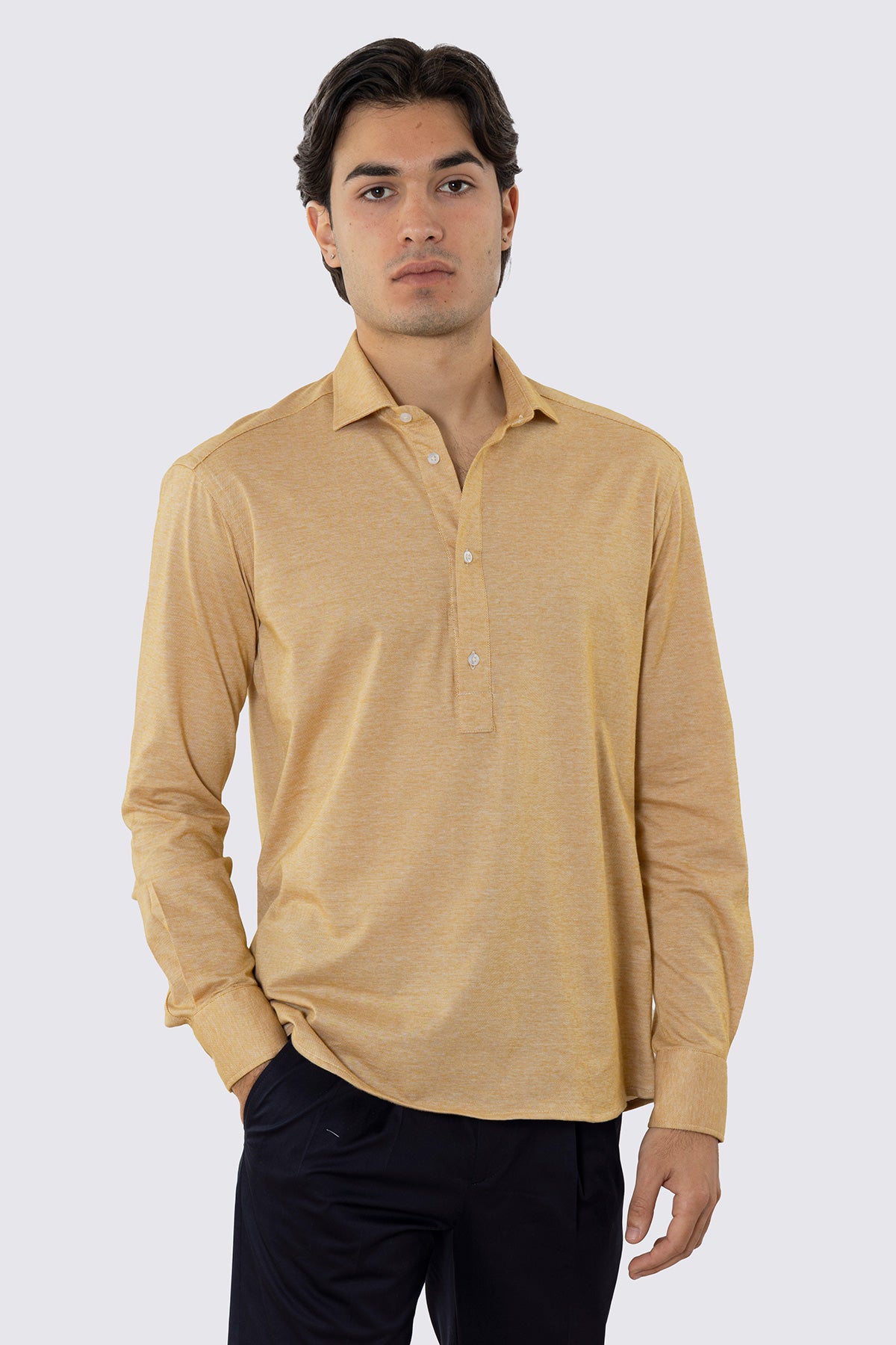 Polo camicia ocra 4 bottoni da uomo collo semi francese manica lunga in cotone 100% nido d'ape made in italy