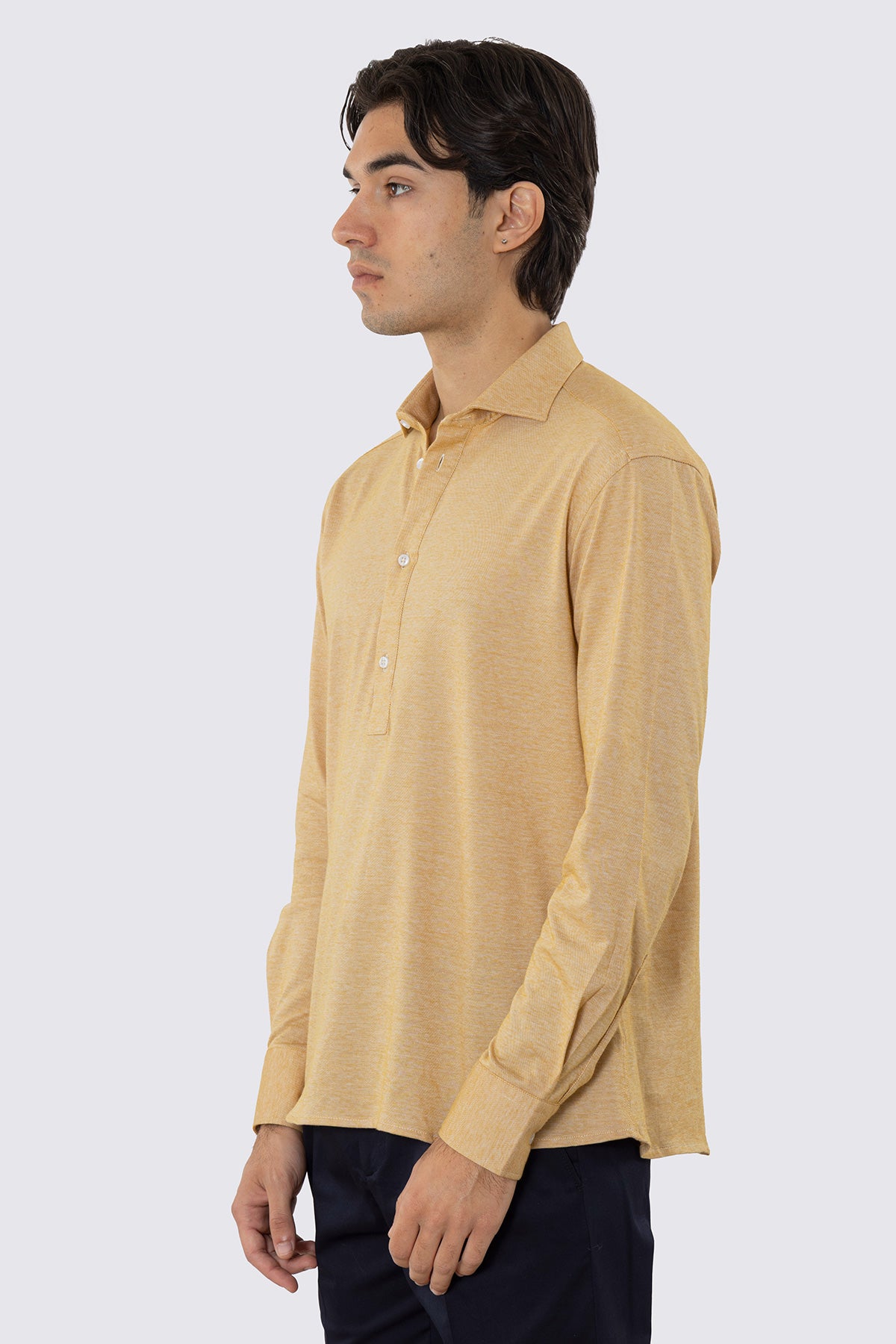 Polo camicia ocra 4 bottoni da uomo collo semi francese manica lunga in cotone 100% nido d'ape made in italy