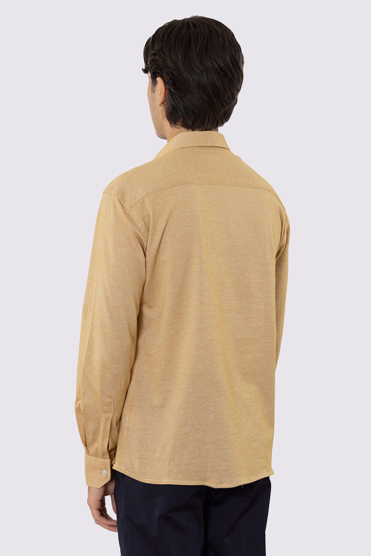 Polo camicia ocra 4 bottoni da uomo collo semi francese manica lunga in cotone 100% nido d'ape made in italy