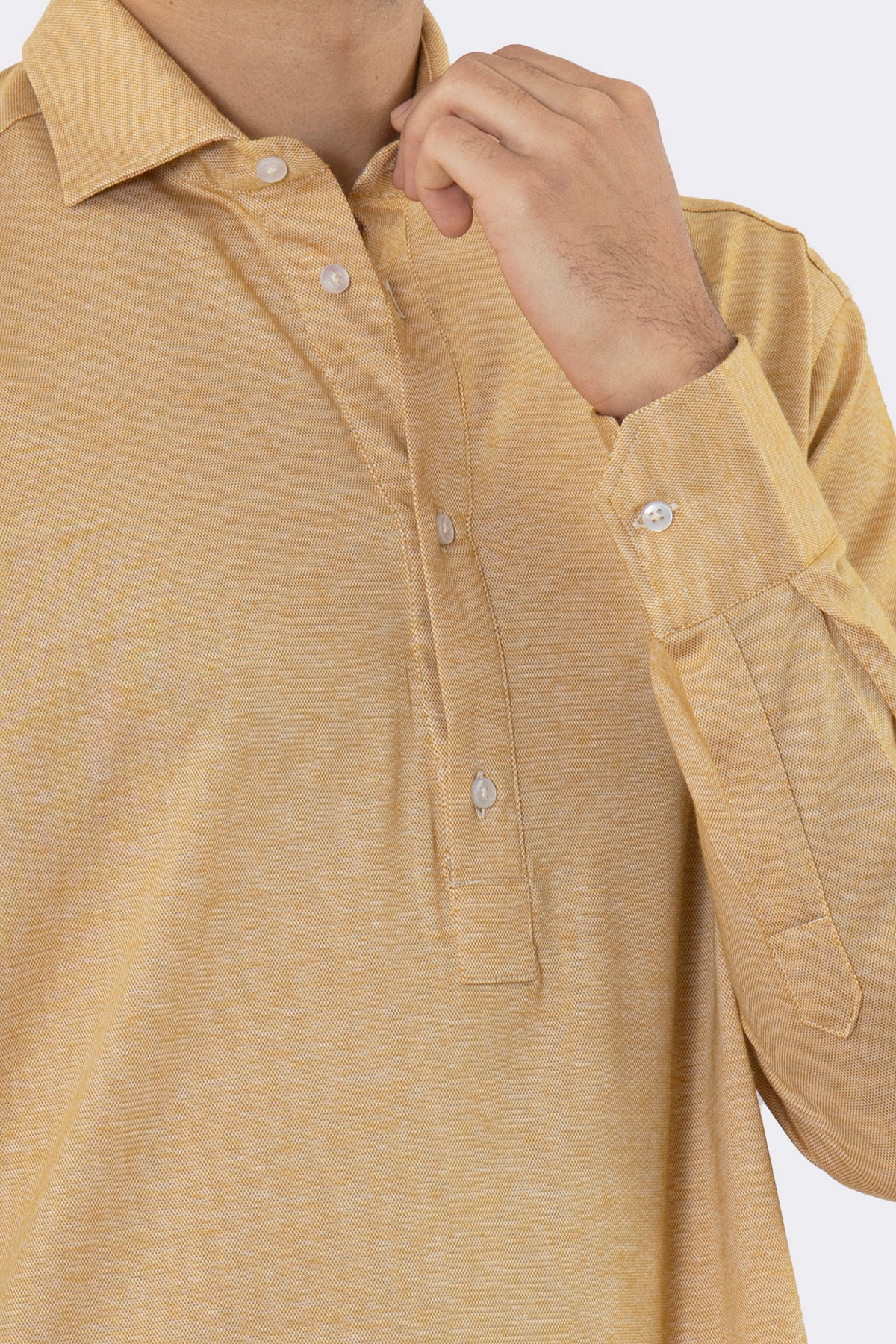 Polo camicia ocra 4 bottoni da uomo collo semi francese manica lunga in cotone 100% nido d'ape made in italy