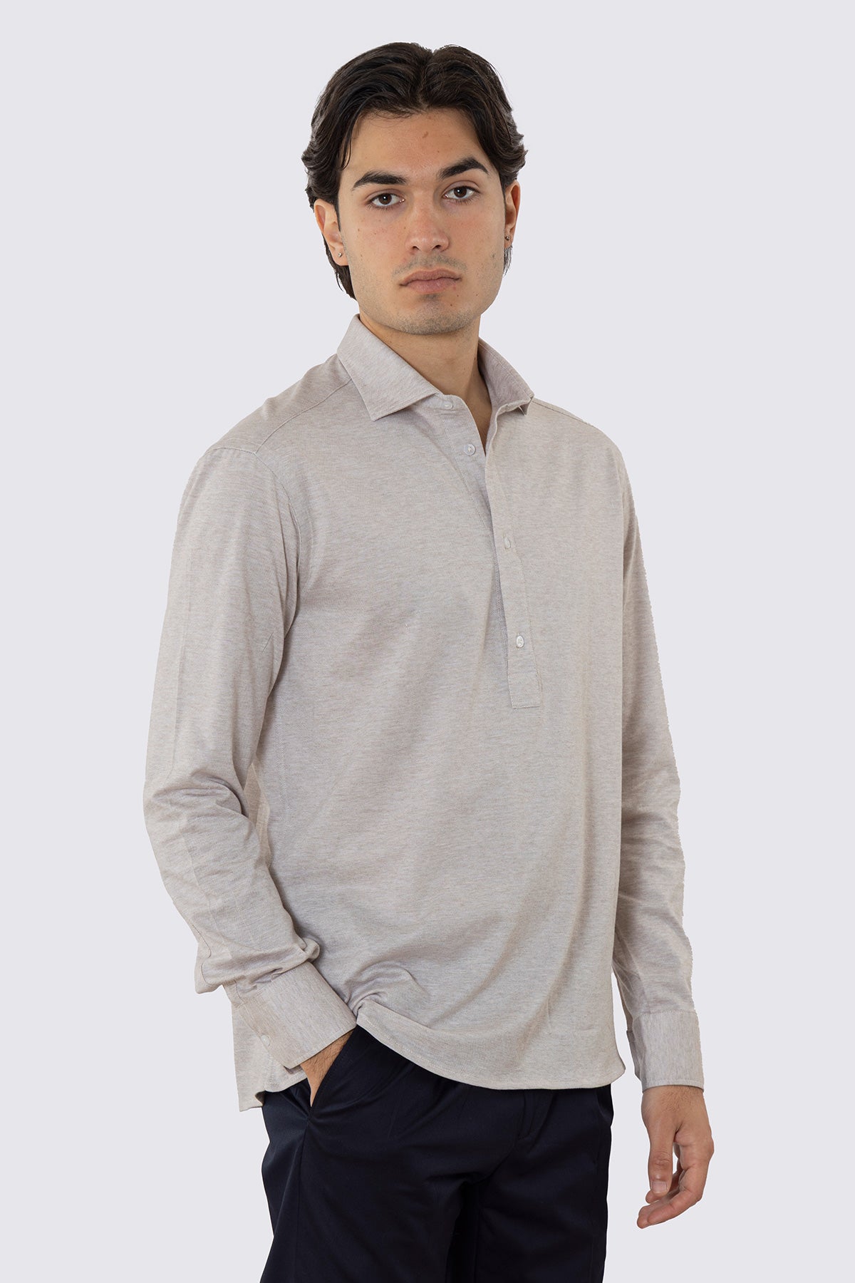 Polo camicia beige 4 bottoni da uomo collo semi francese manica lunga in cotone 100% nido d'ape made in italy