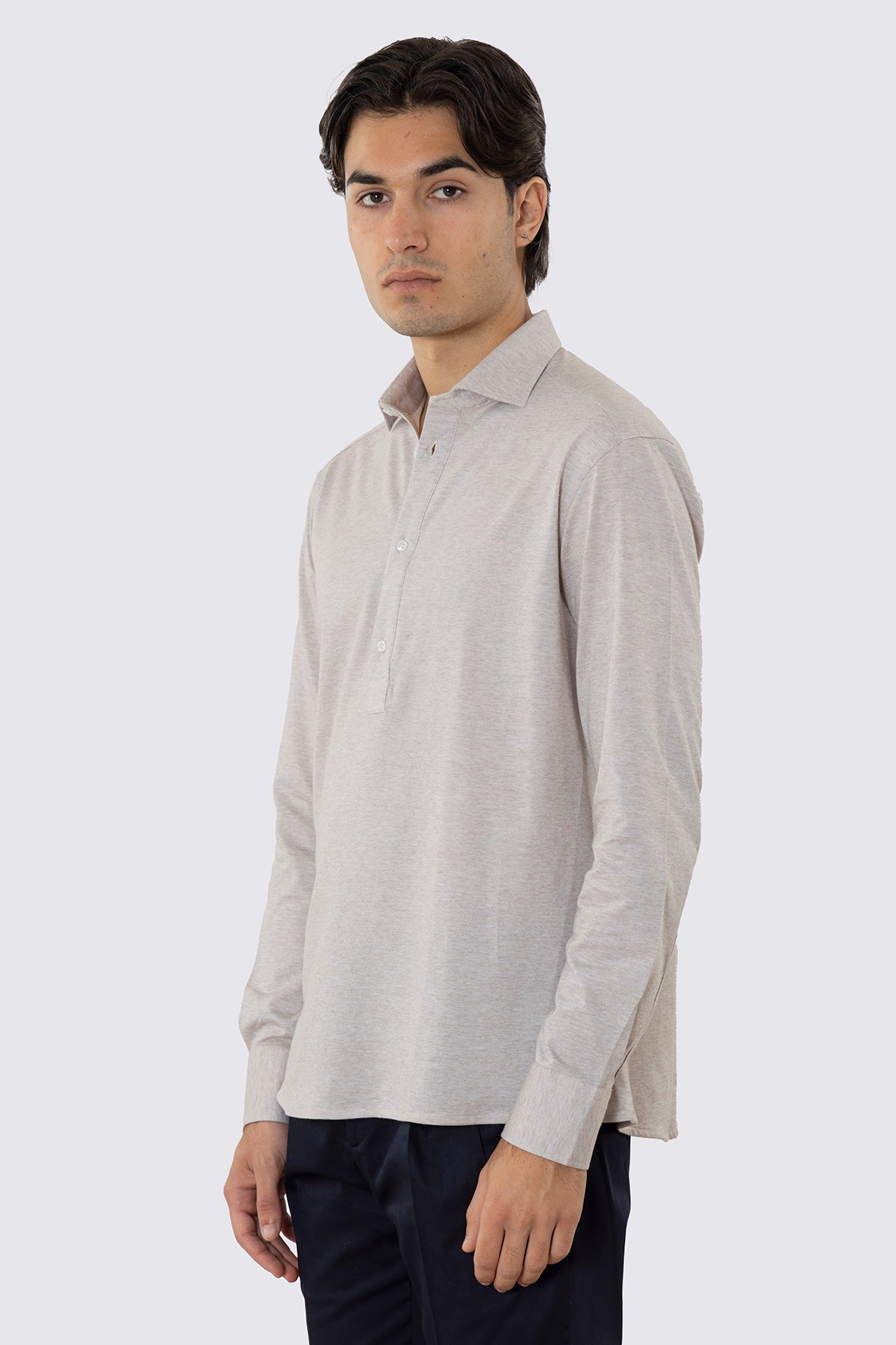 Polo camicia beige 4 bottoni da uomo collo semi francese manica lunga in cotone 100% nido d'ape made in italy
