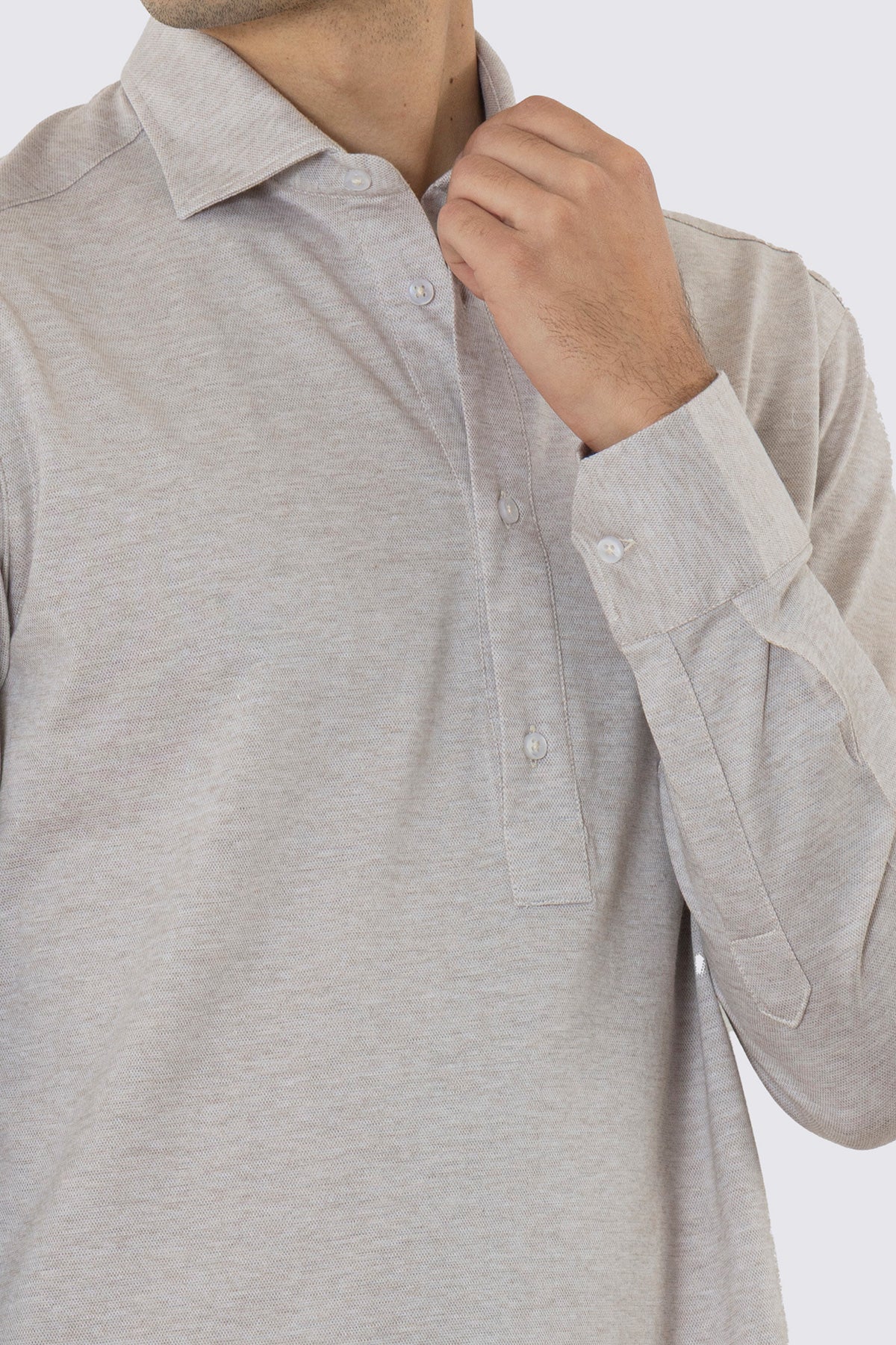 Polo camicia beige 4 bottoni da uomo collo semi francese manica lunga in cotone 100% nido d'ape made in italy