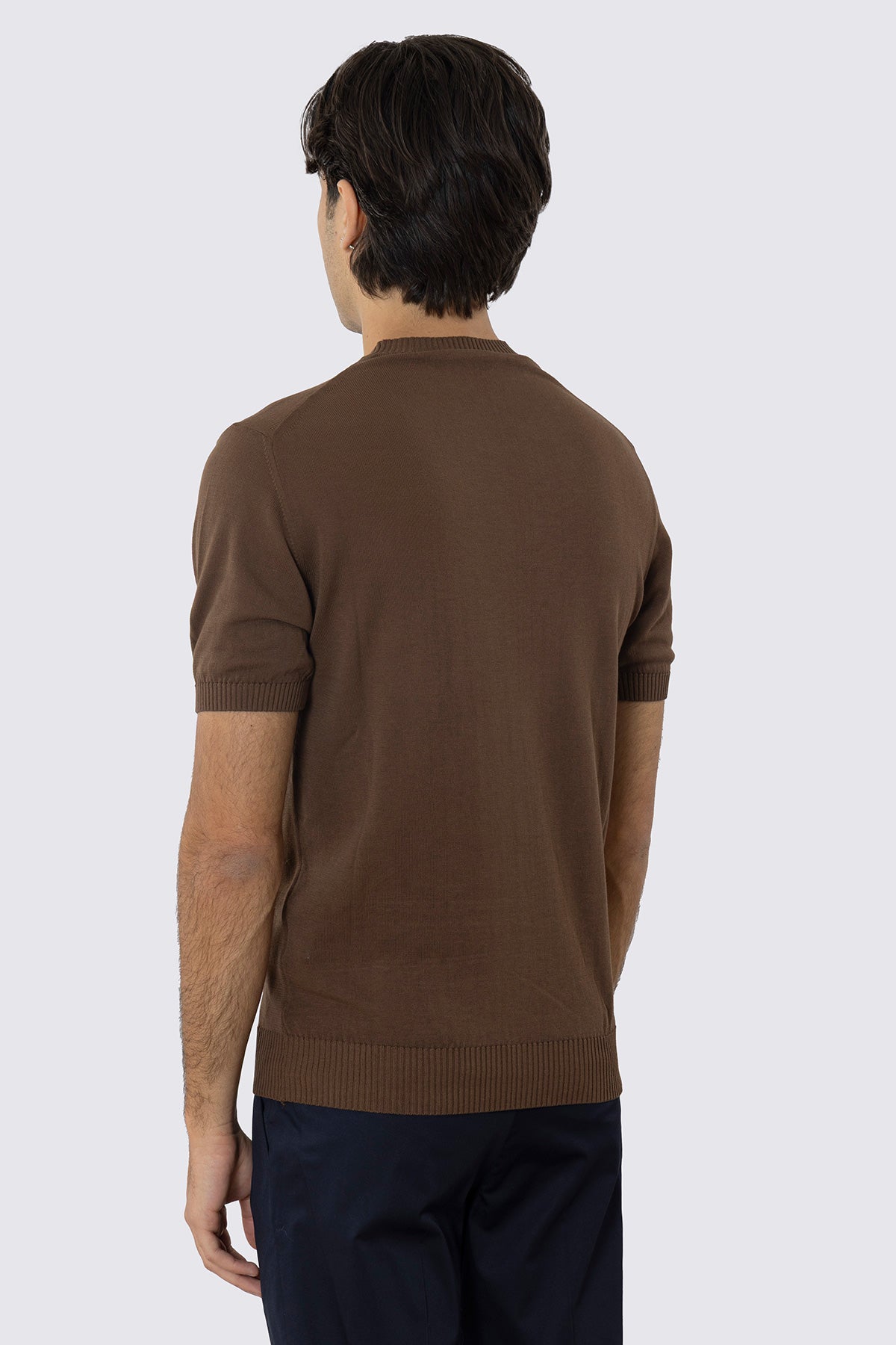 Maglioncino marrone mezze maniche in cotone 100% di filo tinta unita con elastici sulle maniche e sul fondo