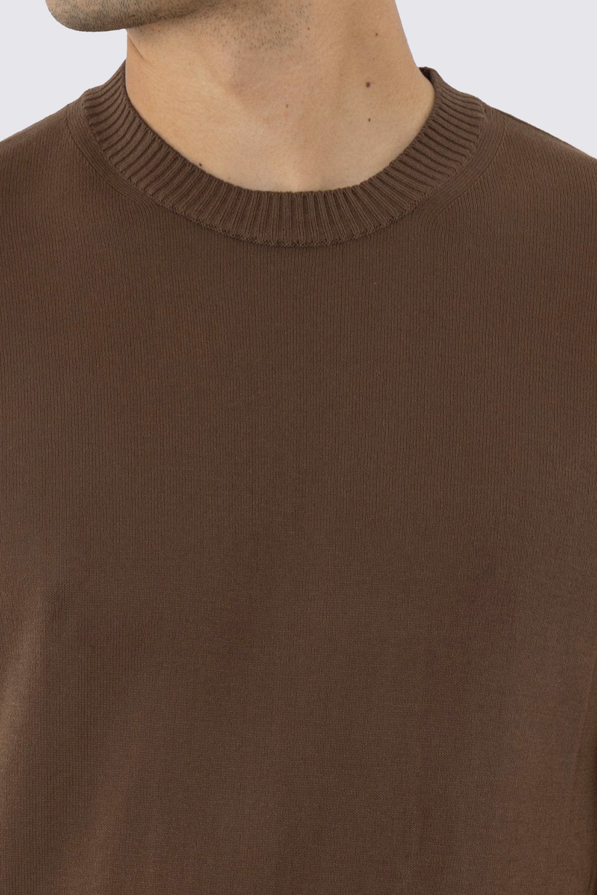 Maglioncino marrone mezze maniche in cotone 100% di filo tinta unita con elastici sulle maniche e sul fondo