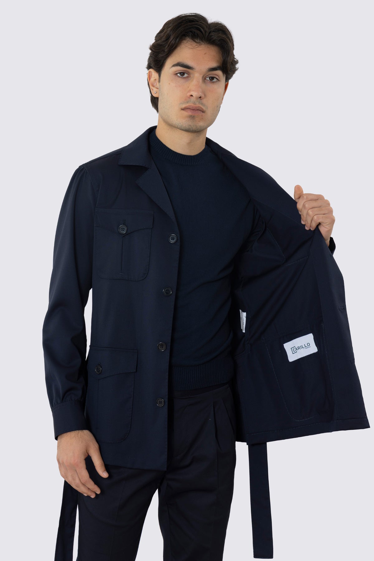 Sahariana blu notte fresco lana Vitale Barberis Canonico finezza super 130's con tasconi e soffietto cintura in vita e polso camicia