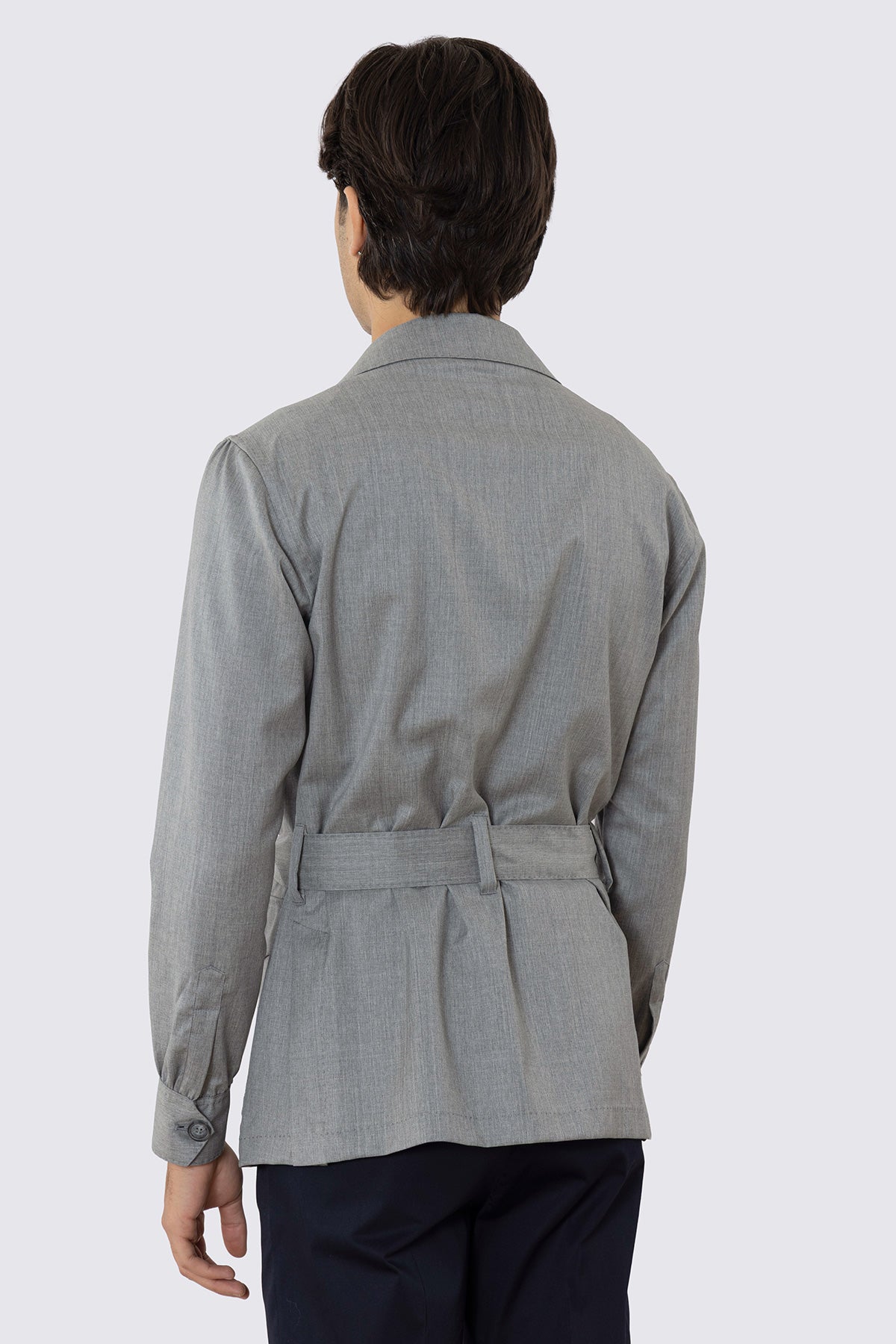Sahariana grigio chiaro fresco lana Vitale Barberis Canonico finezza super 130's con tasconi e soffietto cintura in vita e polso camicia