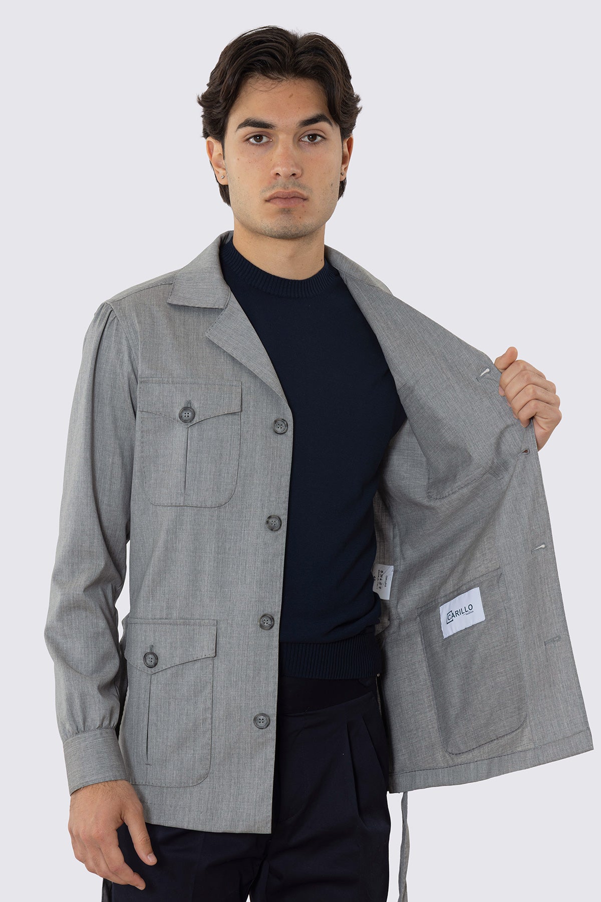 Sahariana grigio chiaro fresco lana Vitale Barberis Canonico finezza super 130's con tasconi e soffietto cintura in vita e polso camicia