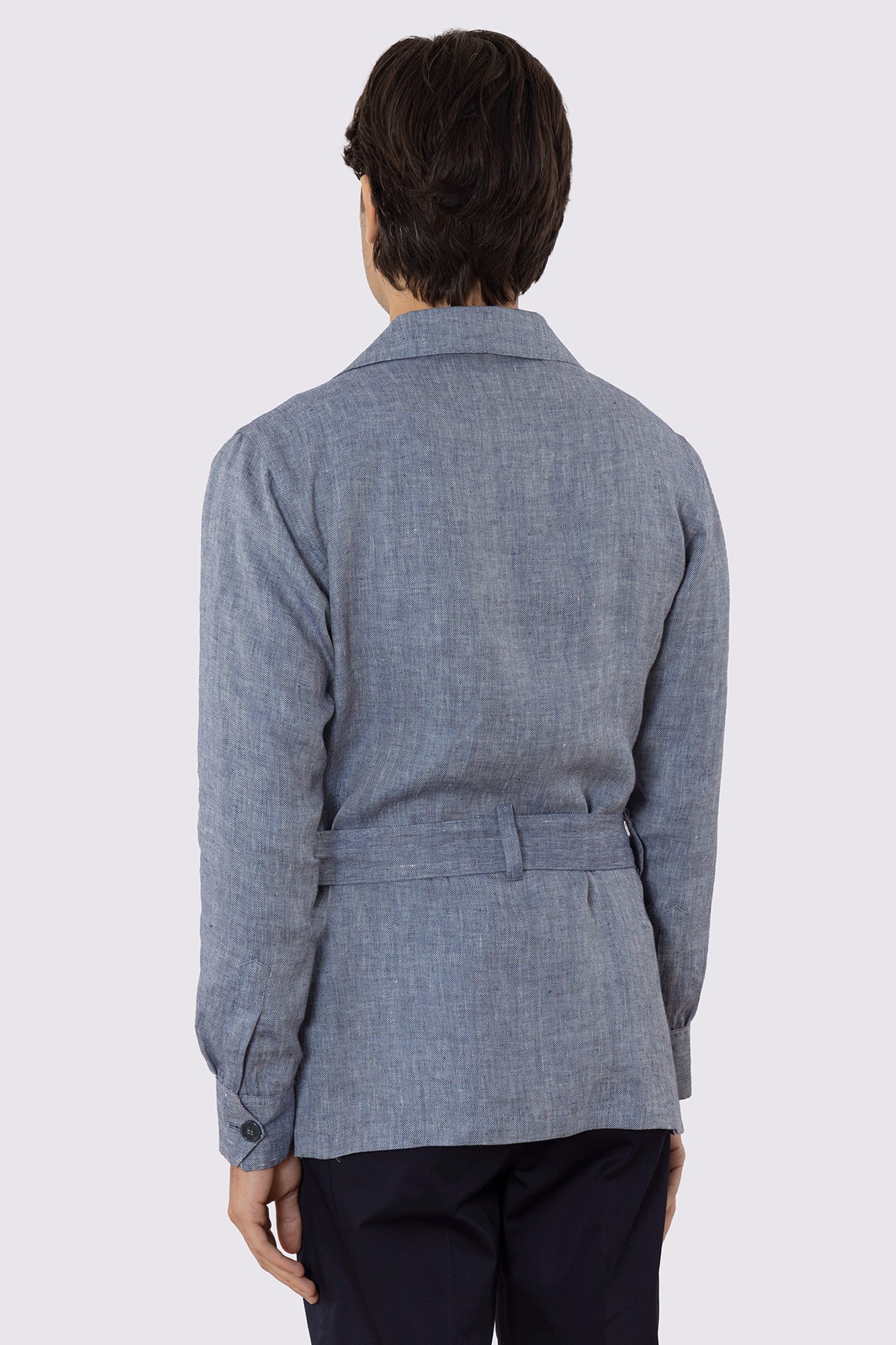 Sahariana blu denim 100% lino Fordam Tessuti Napoli con tasconi e soffietto cintura in vita e polso camicia