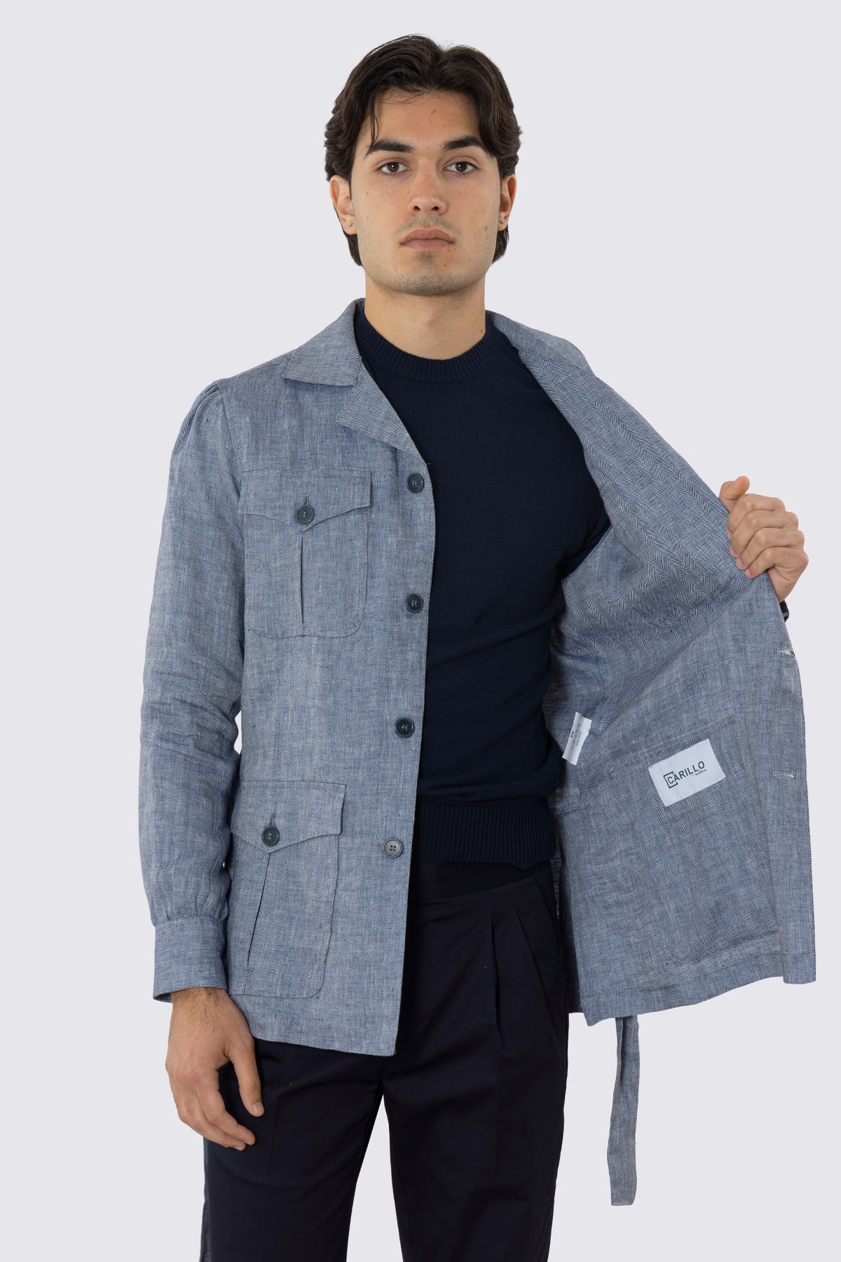 Sahariana blu denim 100% lino Fordam Tessuti Napoli con tasconi e soffietto cintura in vita e polso camicia