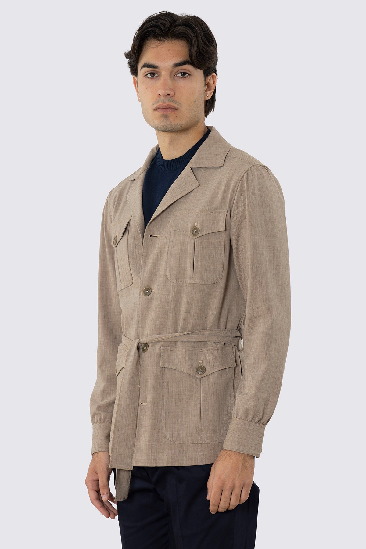Sahariana beige fresco lana con tasconi e soffietto cintura in vita e polso camicia