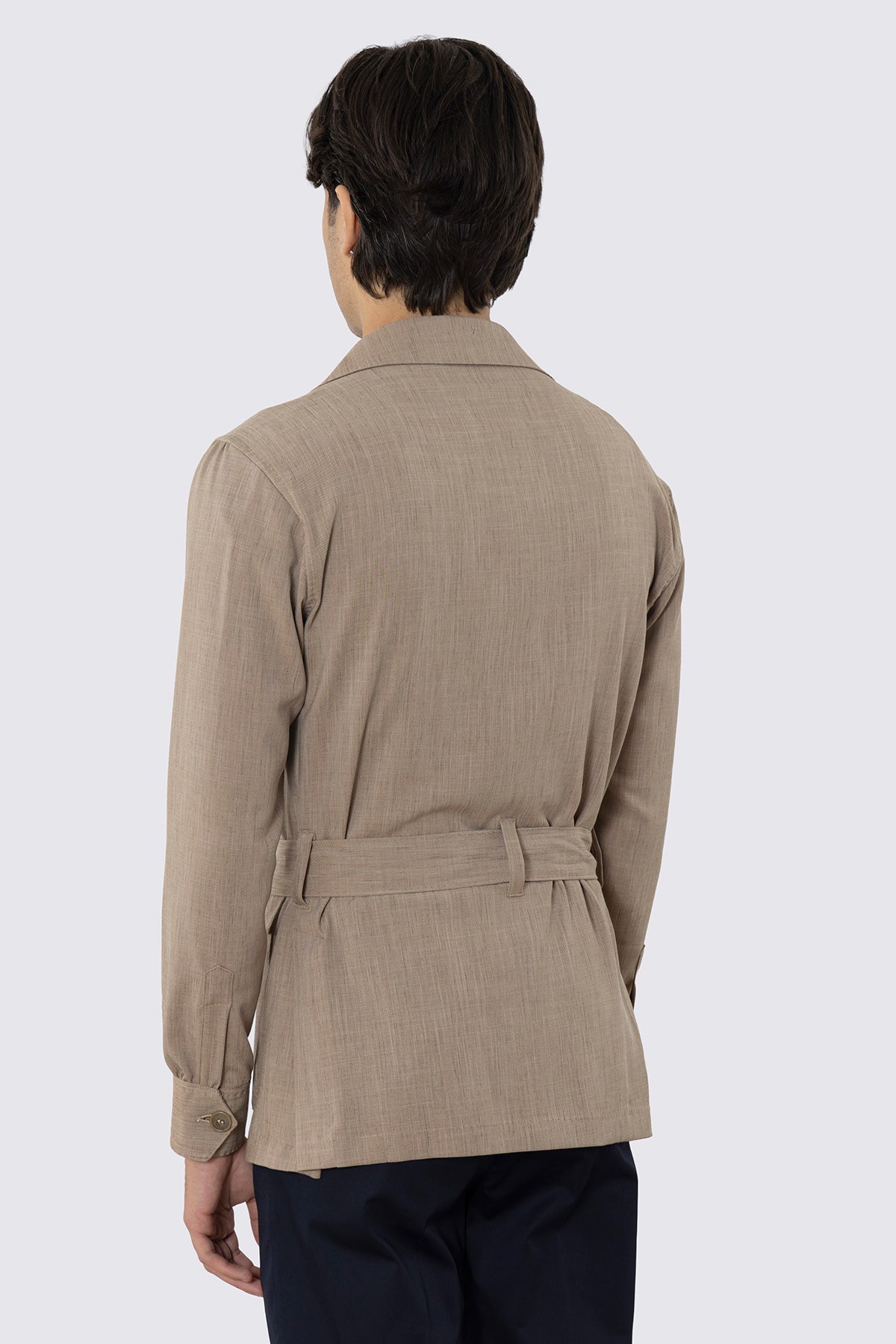 Sahariana beige fresco lana con tasconi e soffietto cintura in vita e polso camicia