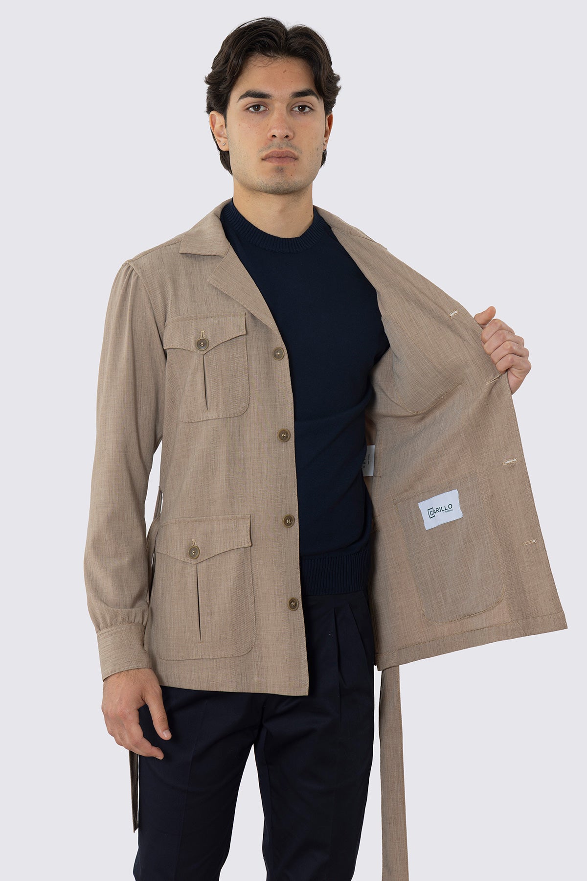 Sahariana beige fresco lana con tasconi e soffietto cintura in vita e polso camicia