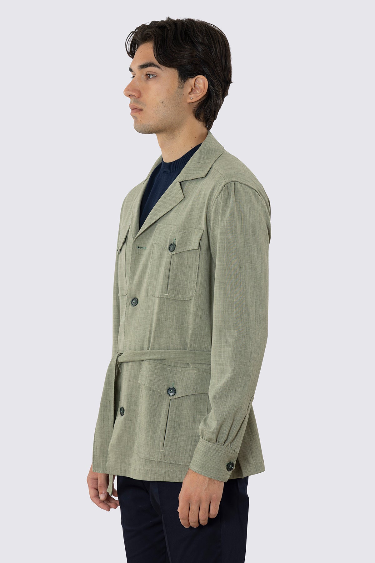 Sahariana Verde fresco lana con tasconi e soffietto cintura in vita e polso camicia