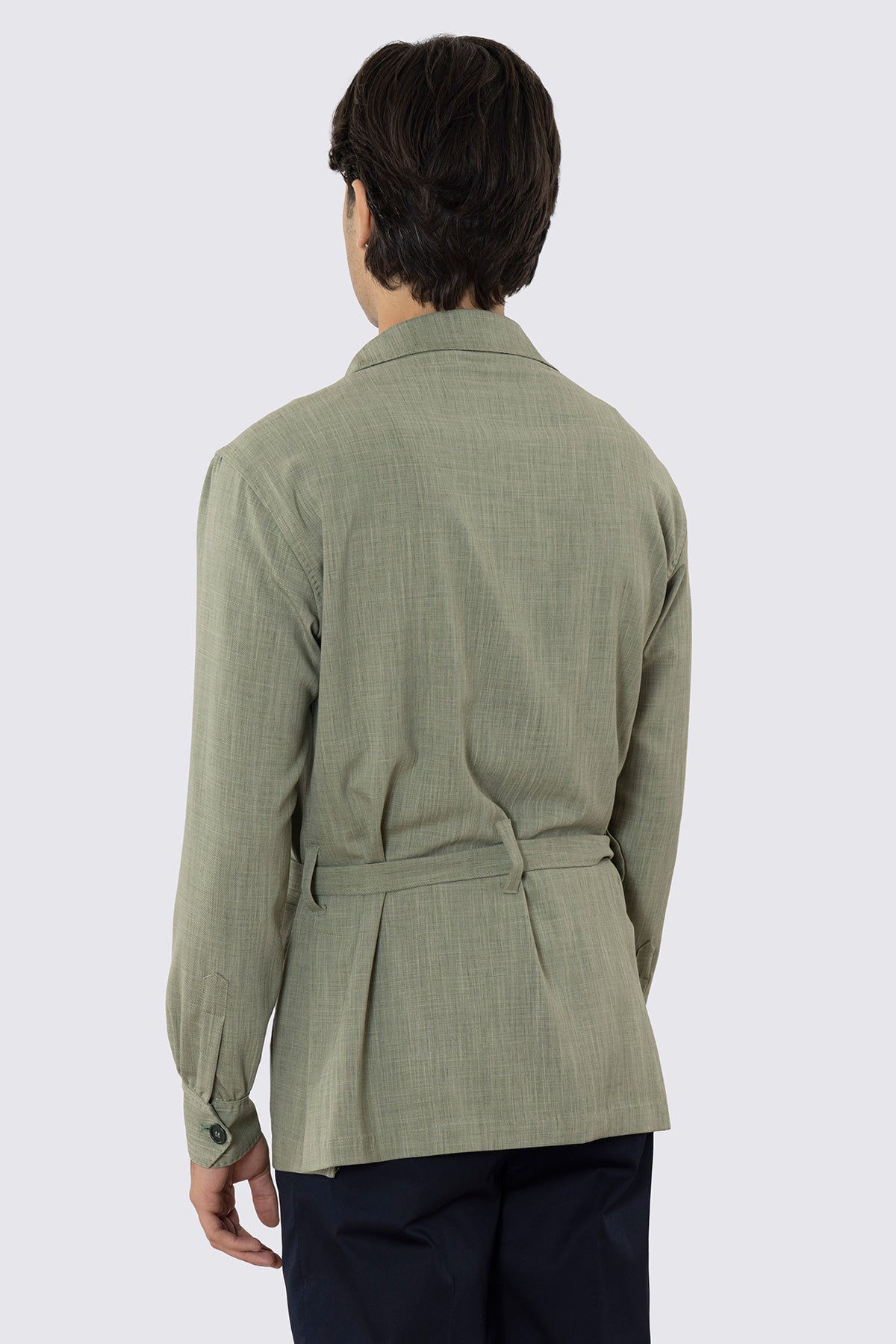 Sahariana Verde fresco lana con tasconi e soffietto cintura in vita e polso camicia