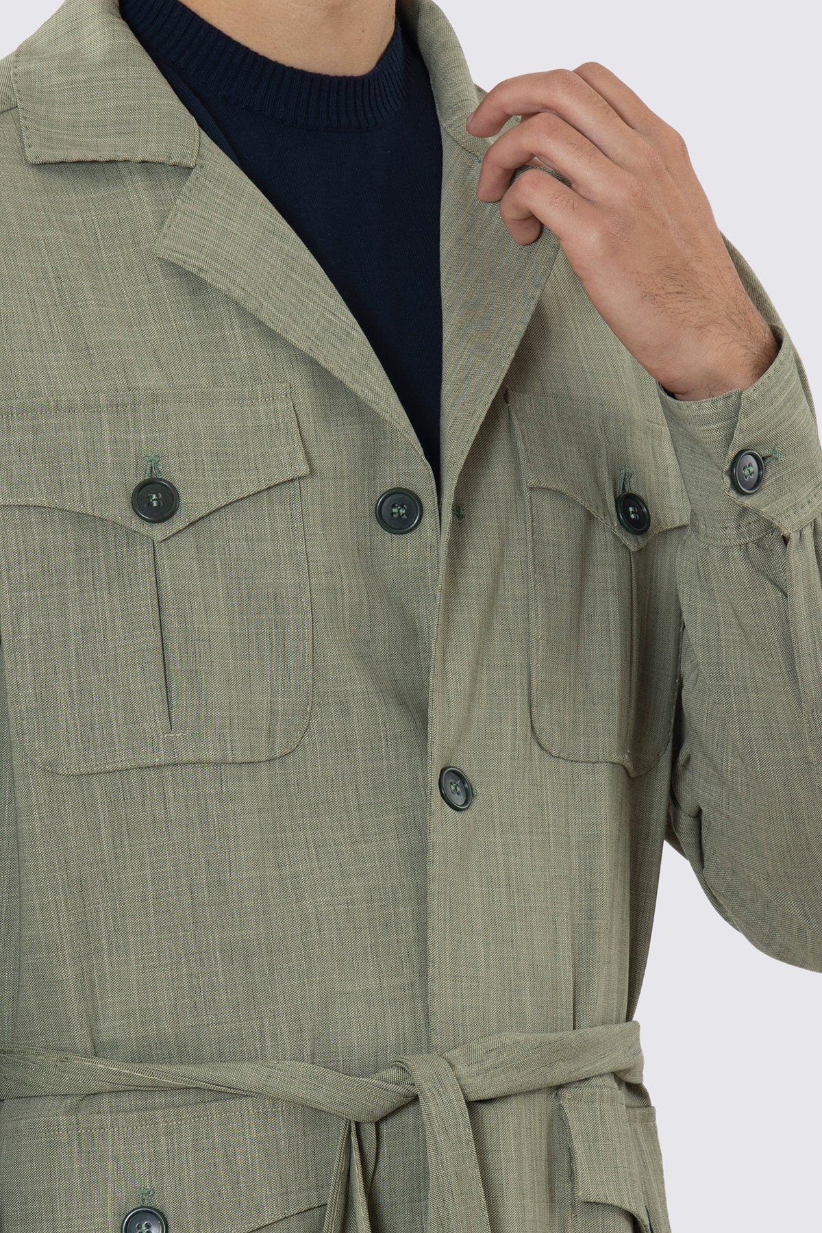 Sahariana Verde fresco lana con tasconi e soffietto cintura in vita e polso camicia