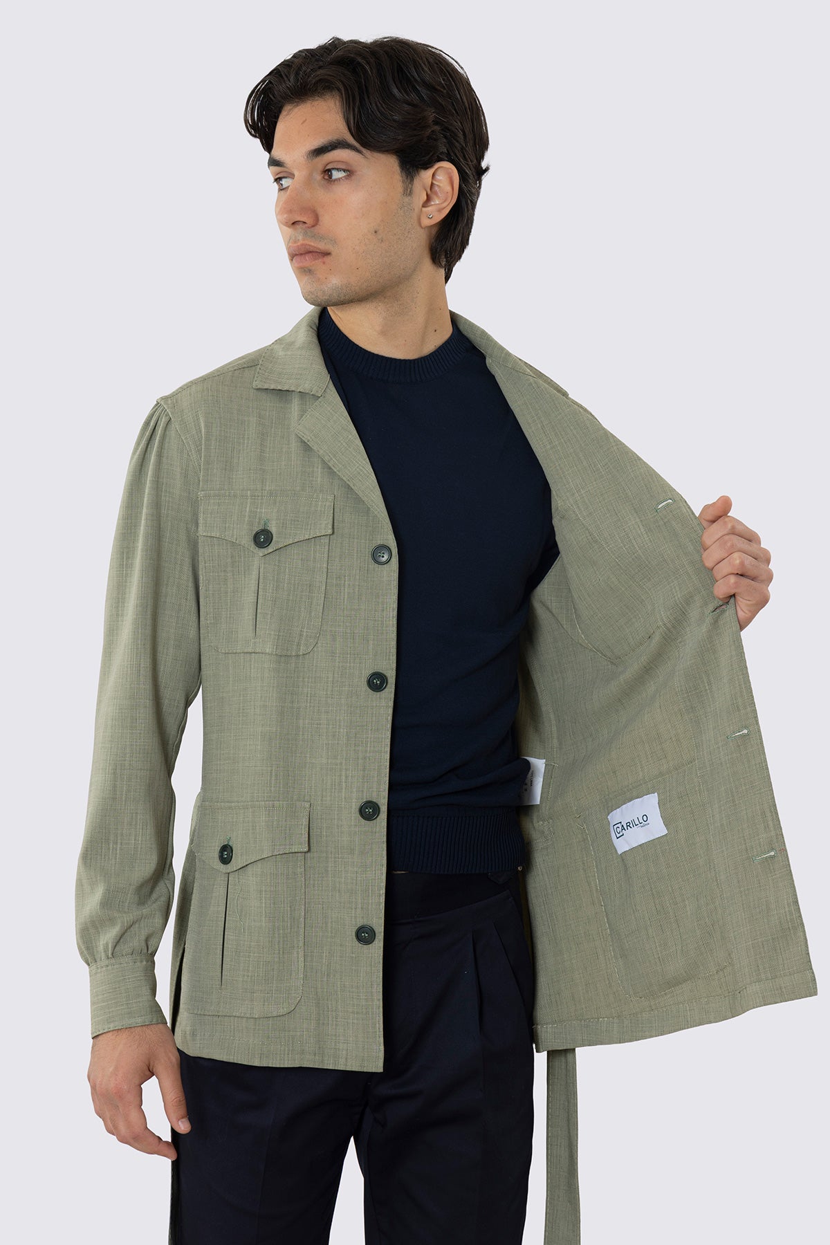 Sahariana Verde fresco lana con tasconi e soffietto cintura in vita e polso camicia