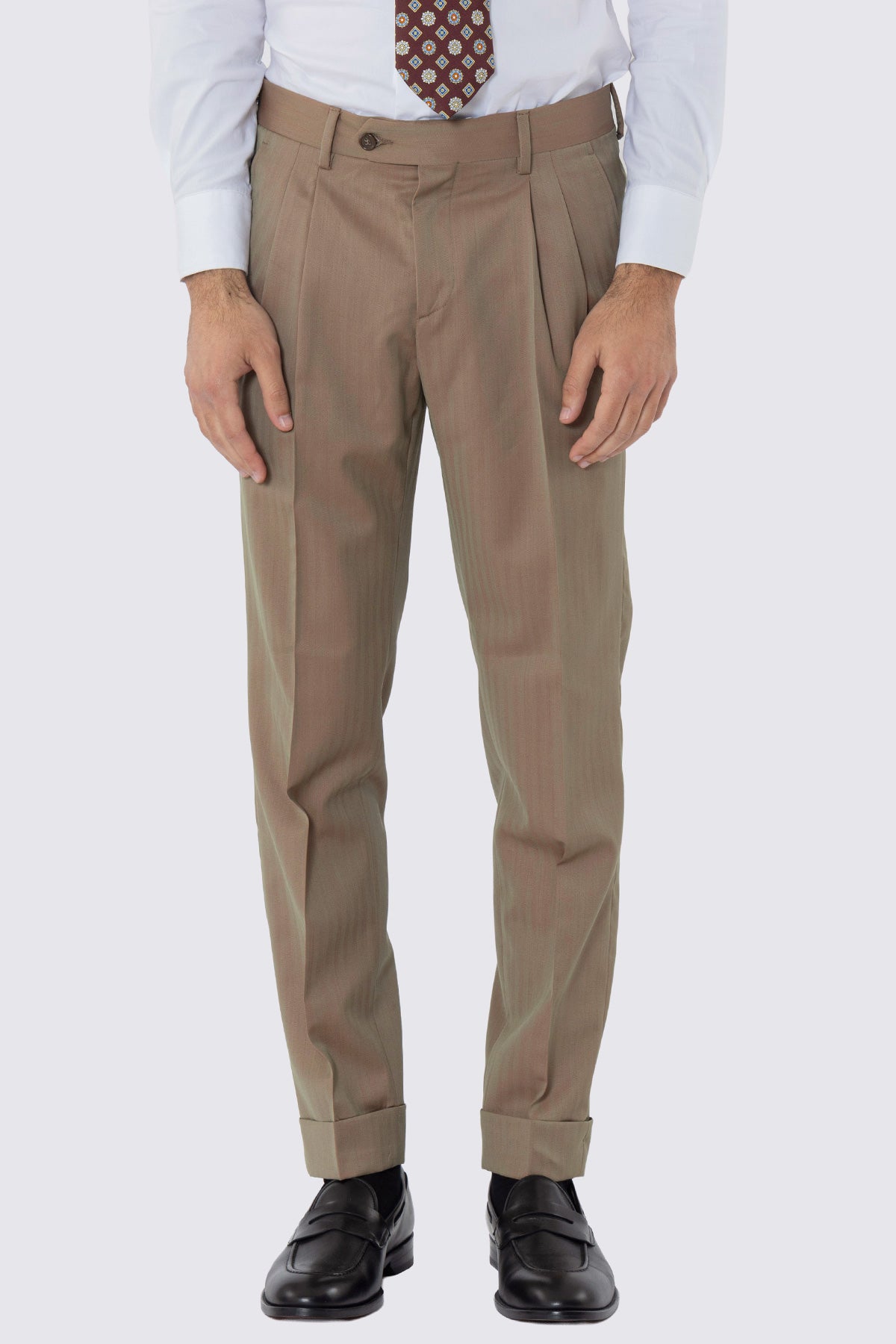 Pantalone uomo fango Solaro in fresco lana al 100% Bristol tessuti Napoli vita alta