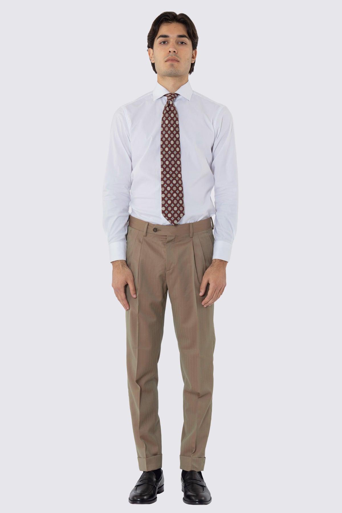 Pantalone uomo fango Solaro in fresco lana al 100% Bristol tessuti Napoli vita alta