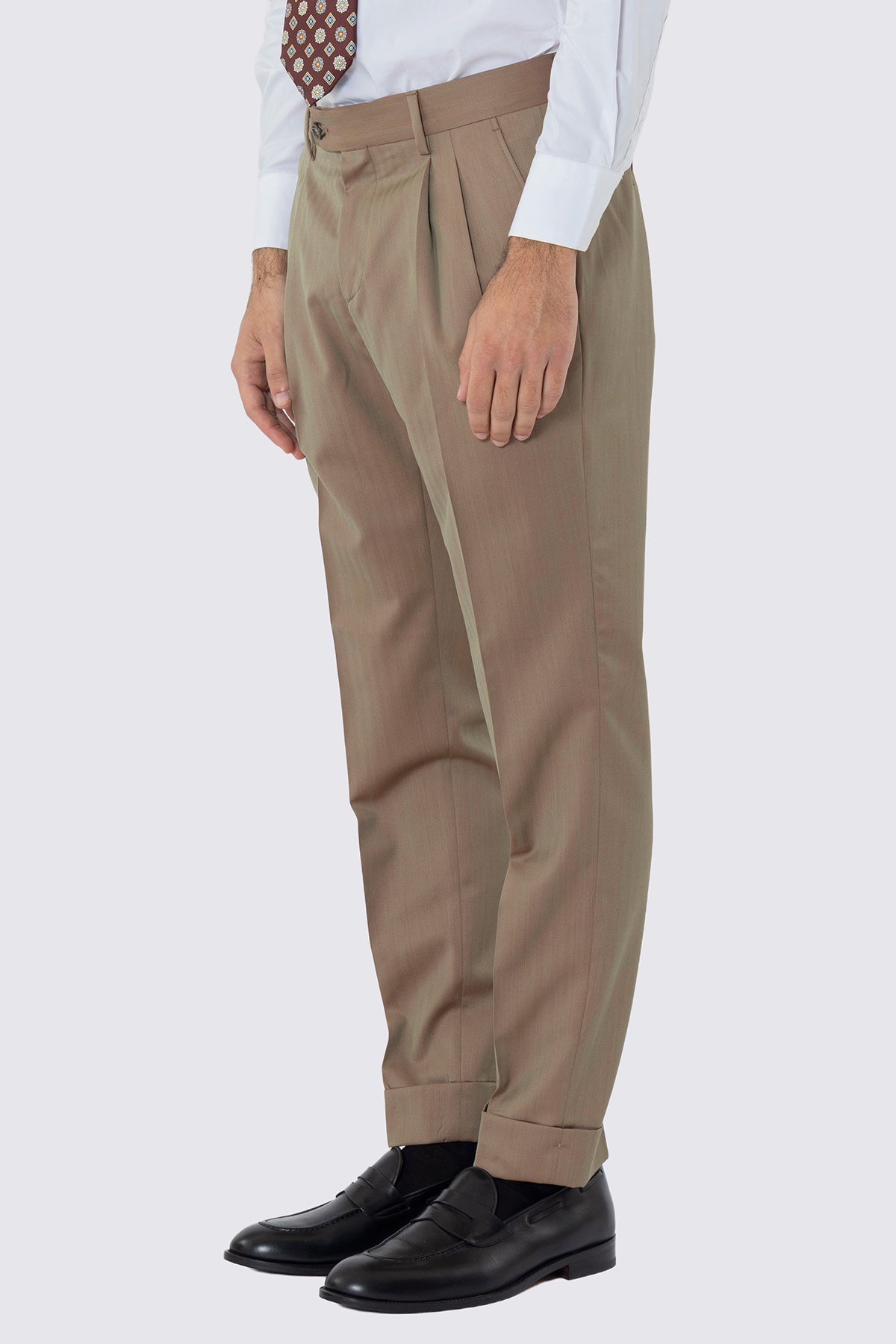 Pantalone uomo fango Solaro in fresco lana al 100% Bristol tessuti Napoli vita alta