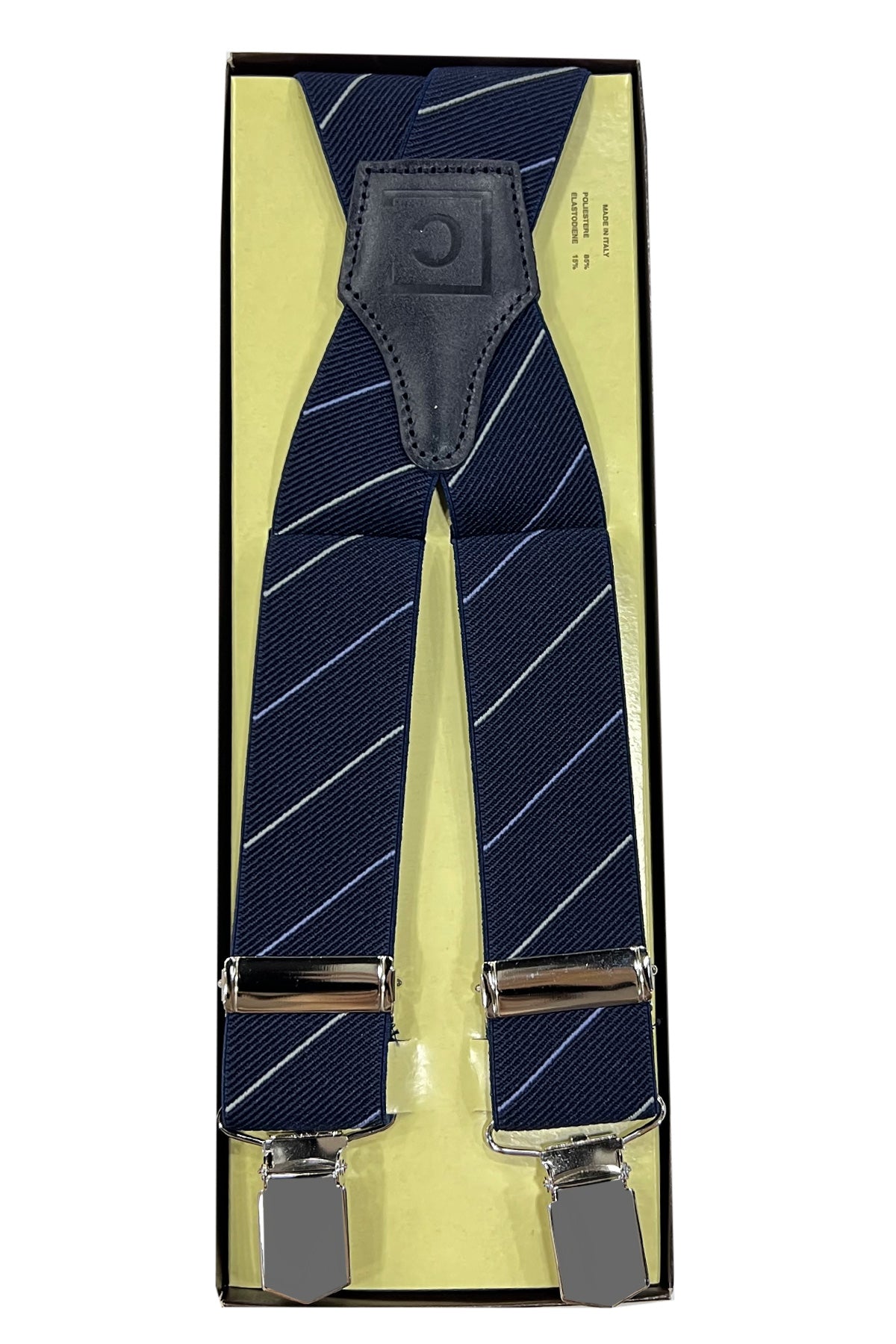 Bretelle da uomo blu rigate Elasticizzate 3,5 cm regolabili con chiusura pinze argento